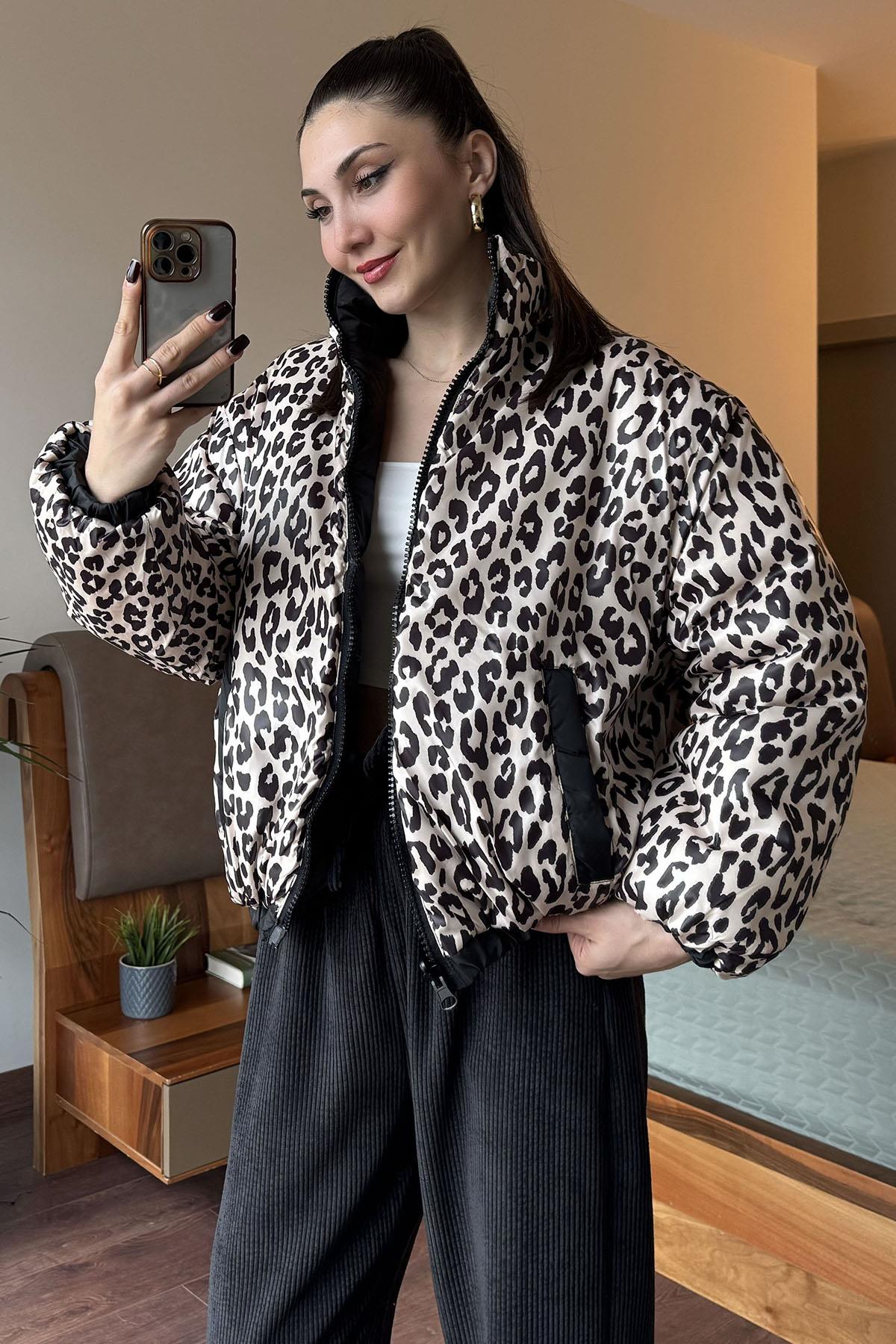 Siyah Çift Taraflı Leopar Mont