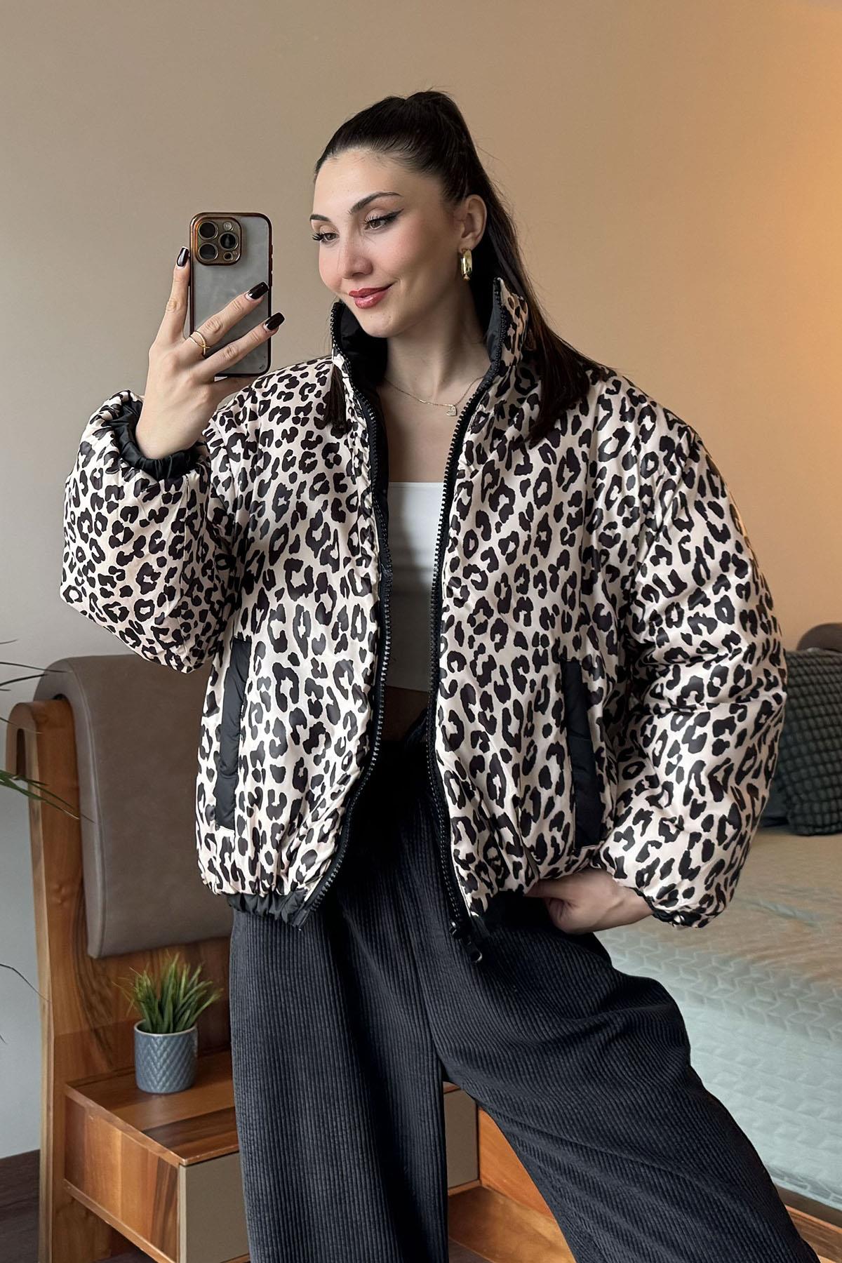 Siyah Çift Taraflı Leopar Mont