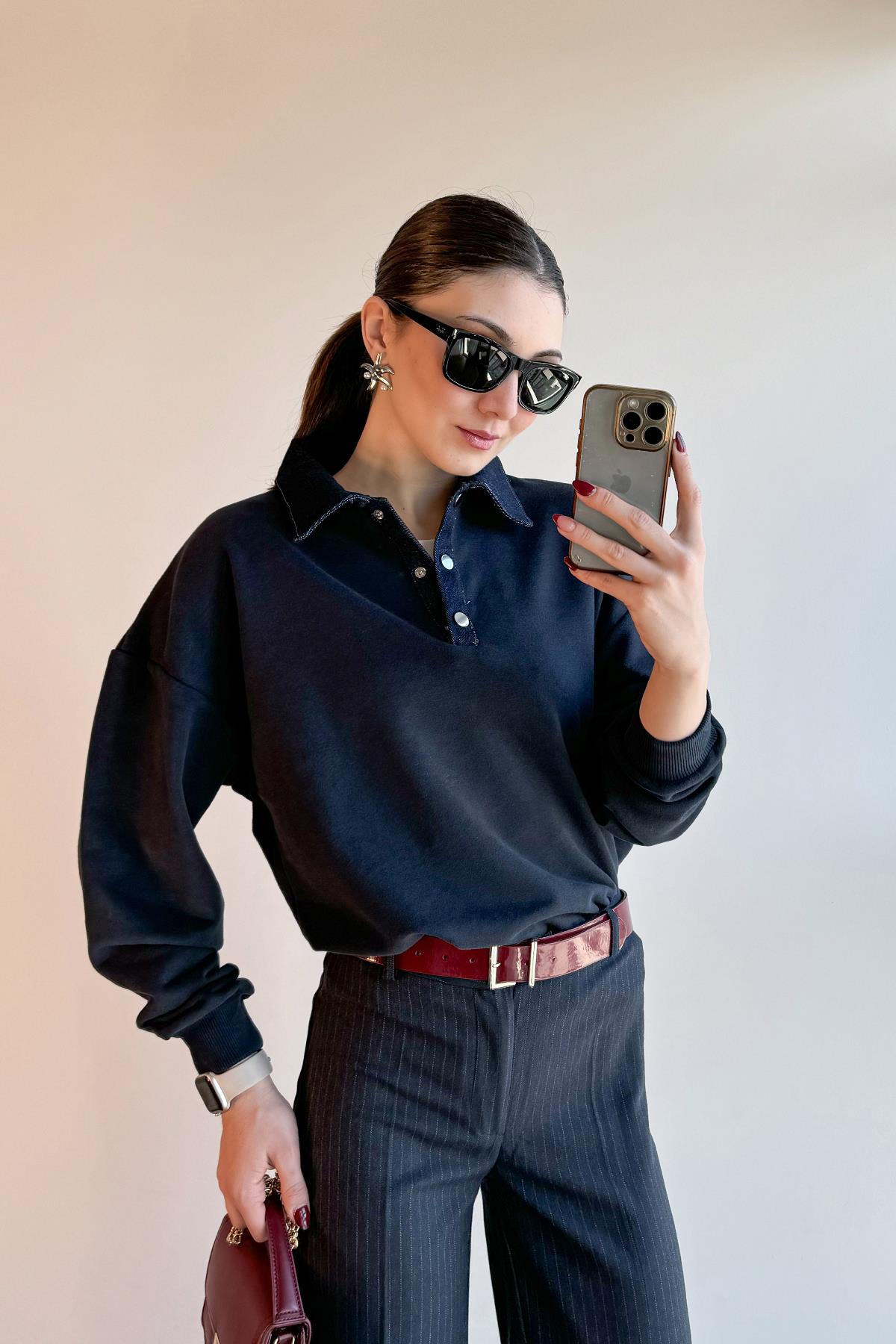 Siyah Denim Garnili Sweatshirt