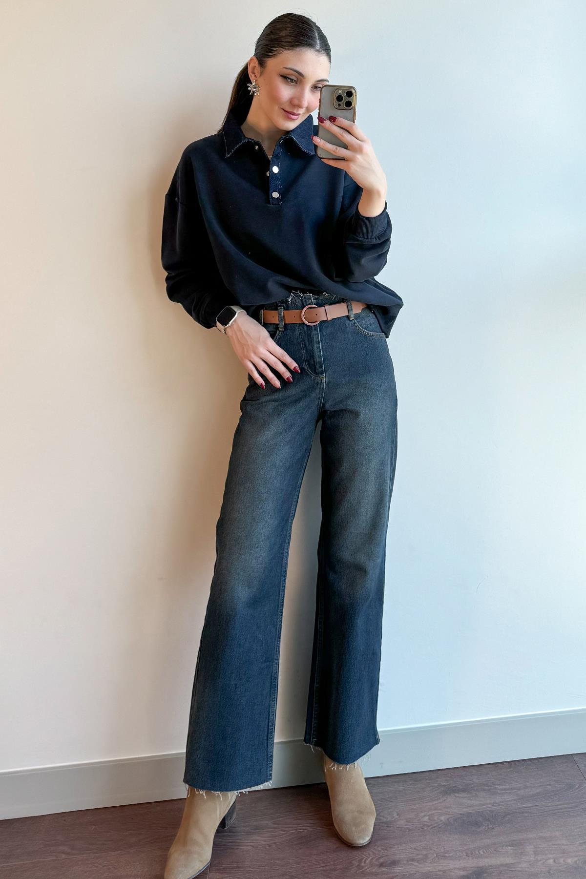 Siyah Denim Garnili Sweatshirt