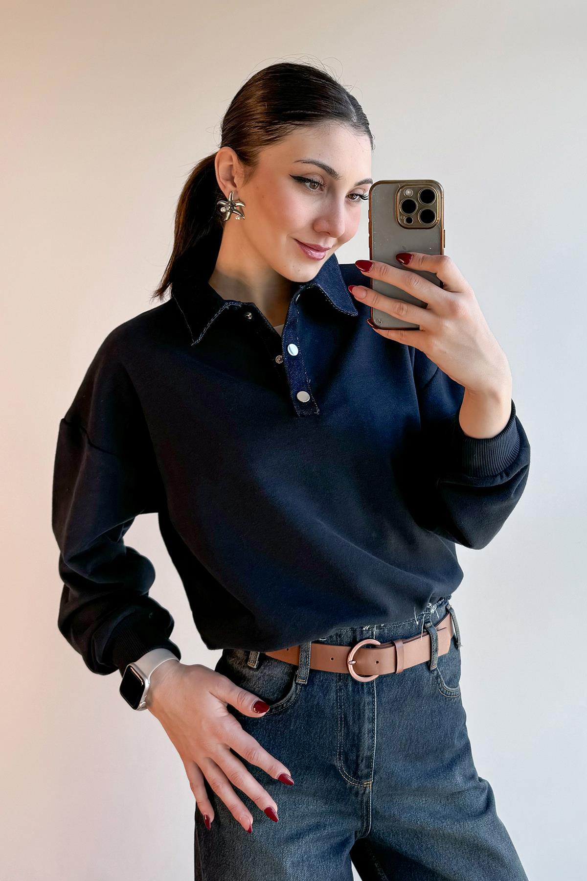 Siyah Denim Garnili Sweatshirt