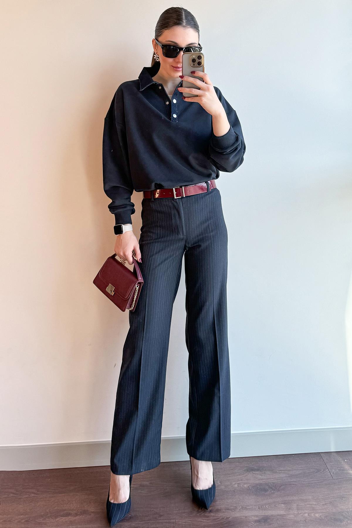 Siyah Denim Garnili Sweatshirt