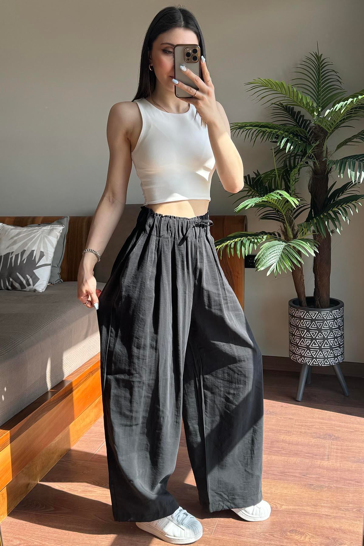 Siyah Elastik Belli Modal Kumaş Relax Pantolon