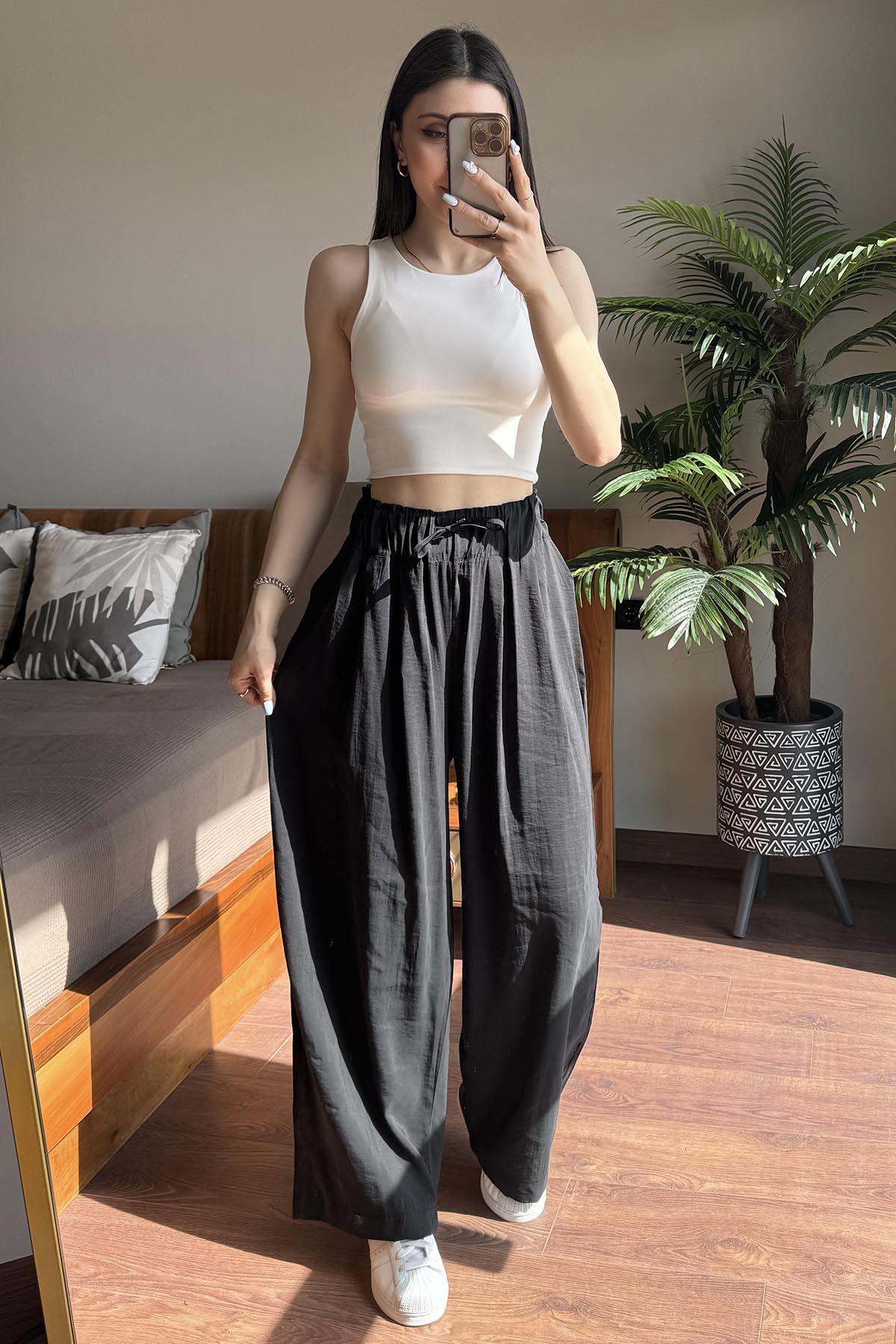 Siyah Elastik Belli Modal Kumaş Relax Pantolon