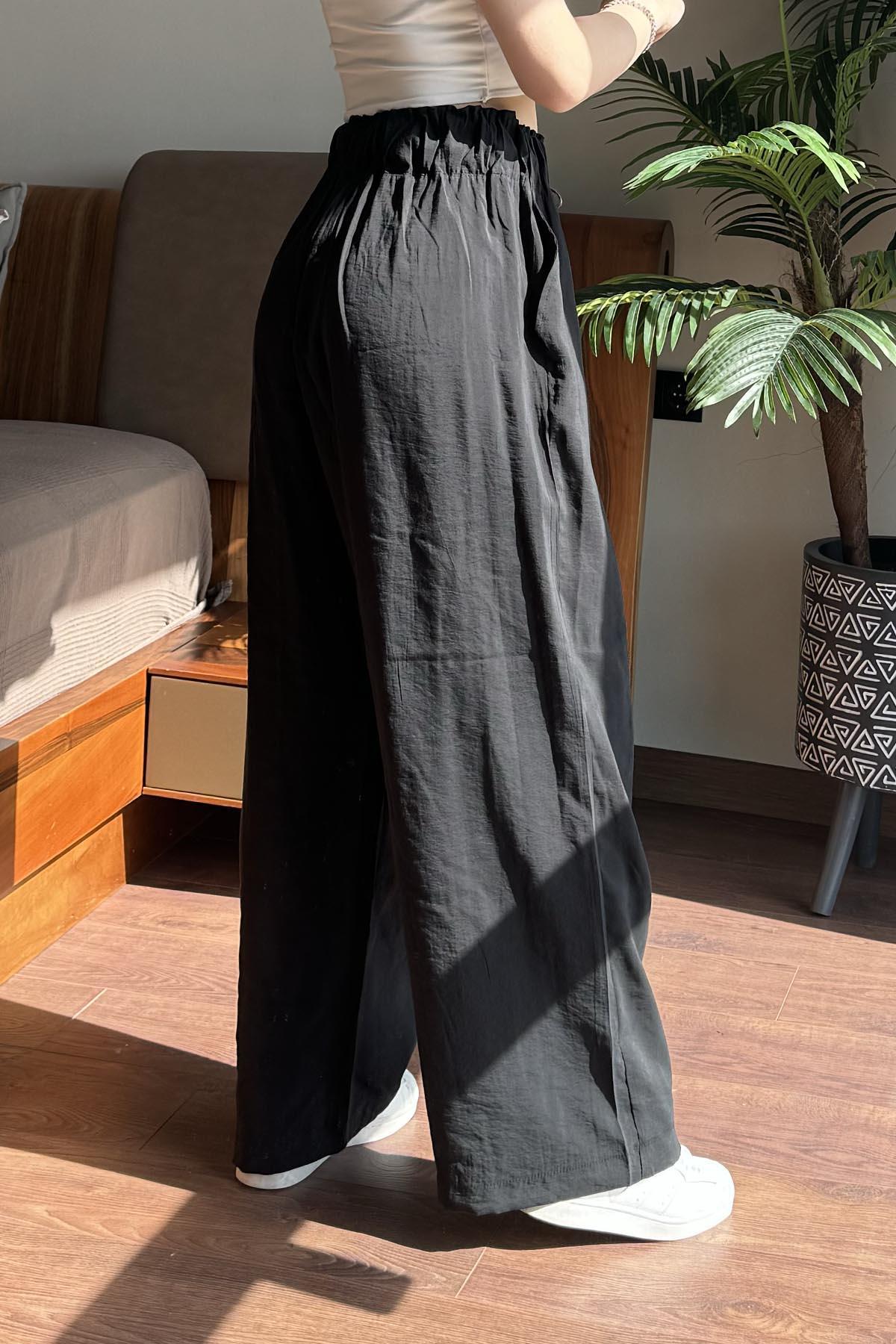 Siyah Elastik Belli Modal Kumaş Relax Pantolon