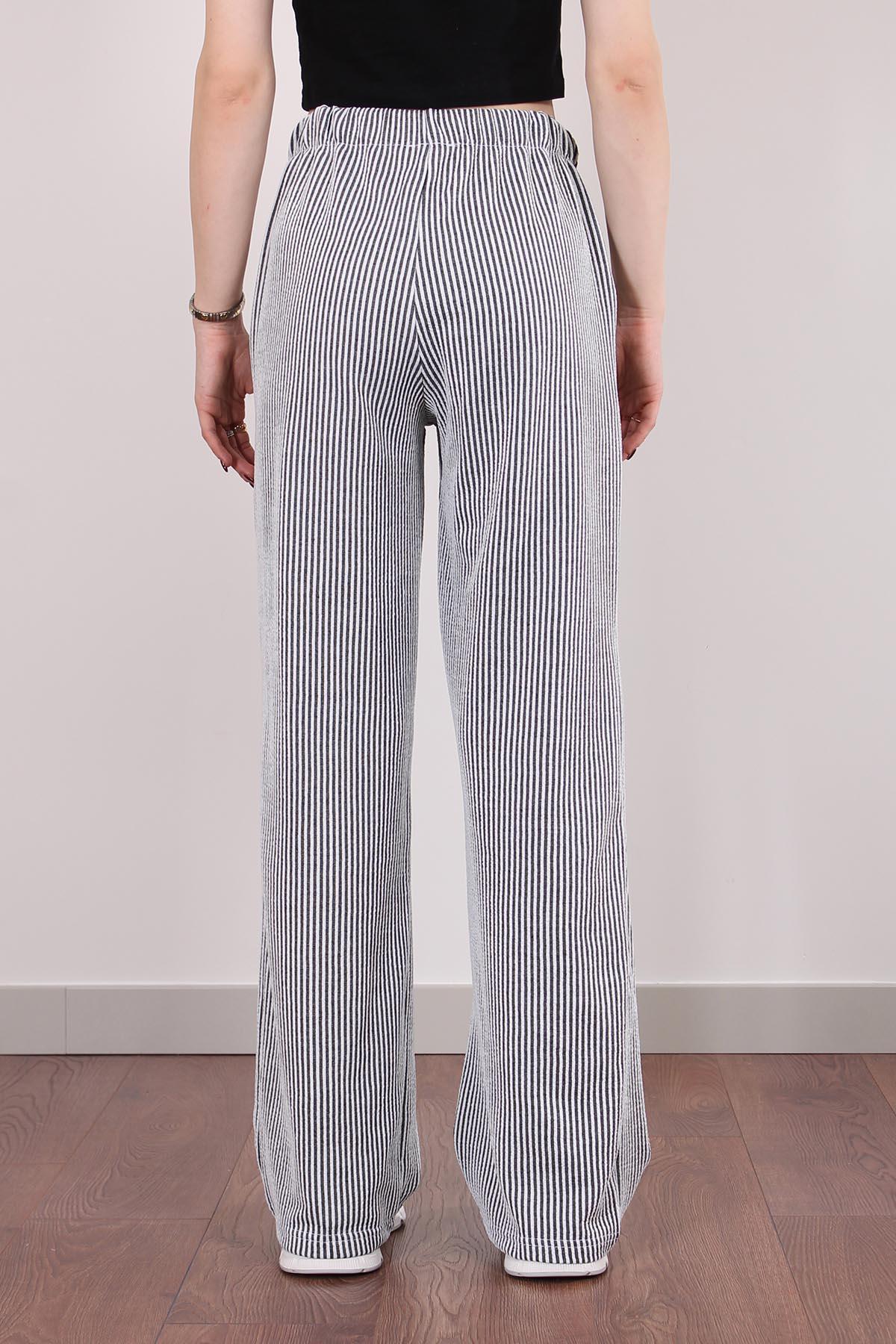 Siyah Elastik Belli Straight Fit Çizgili Pantolon