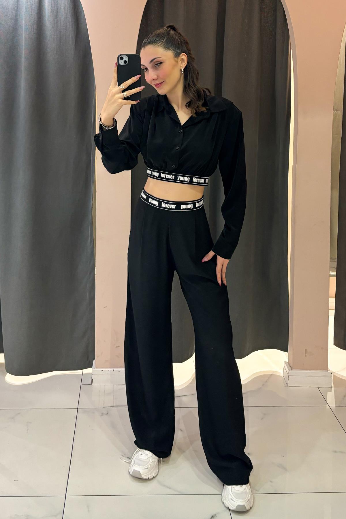 Siyah Forever Young Baskılı Kemer Detaylı Beli Lastikli Pantolon