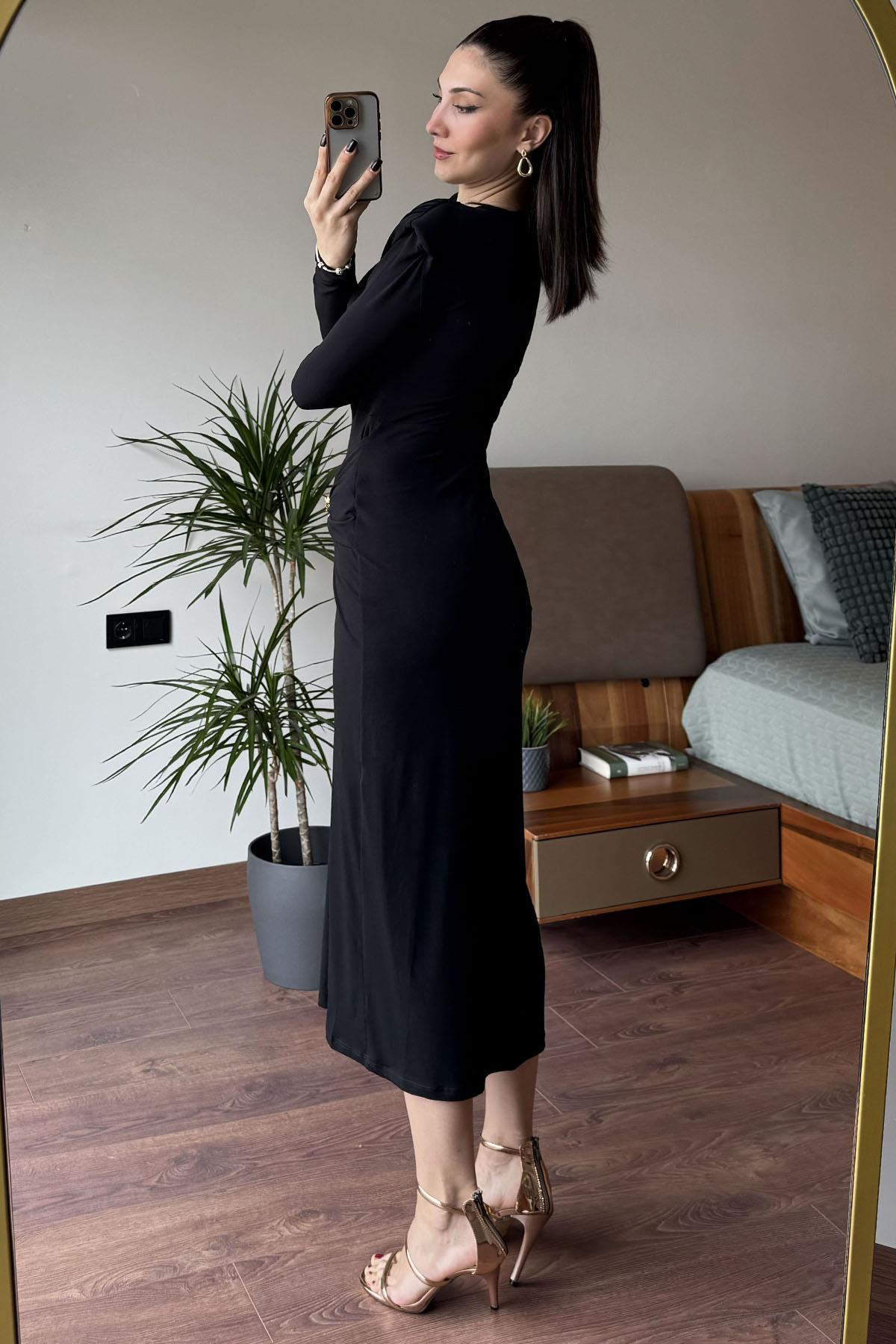 Siyah Güneş Tokalı Drape Detaylı Elbise