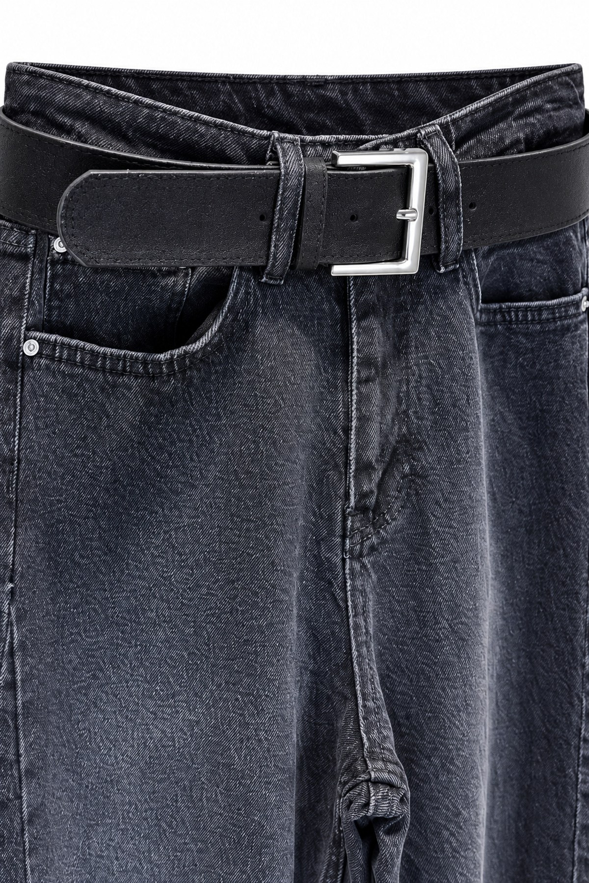 Siyah Kemerli Geniş Paça Yüksekbel Denim
