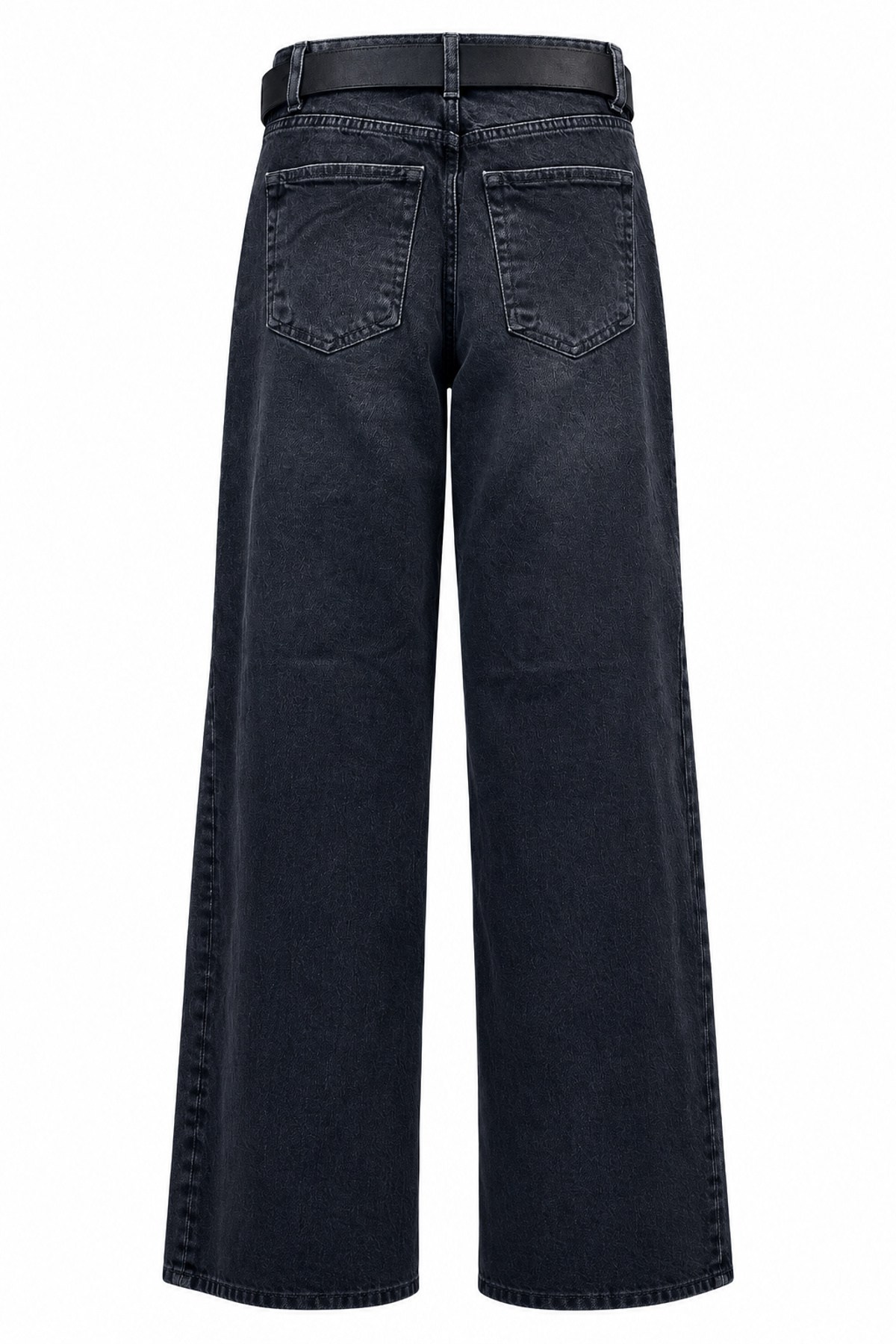 Siyah Kemerli Geniş Paça Yüksekbel Denim