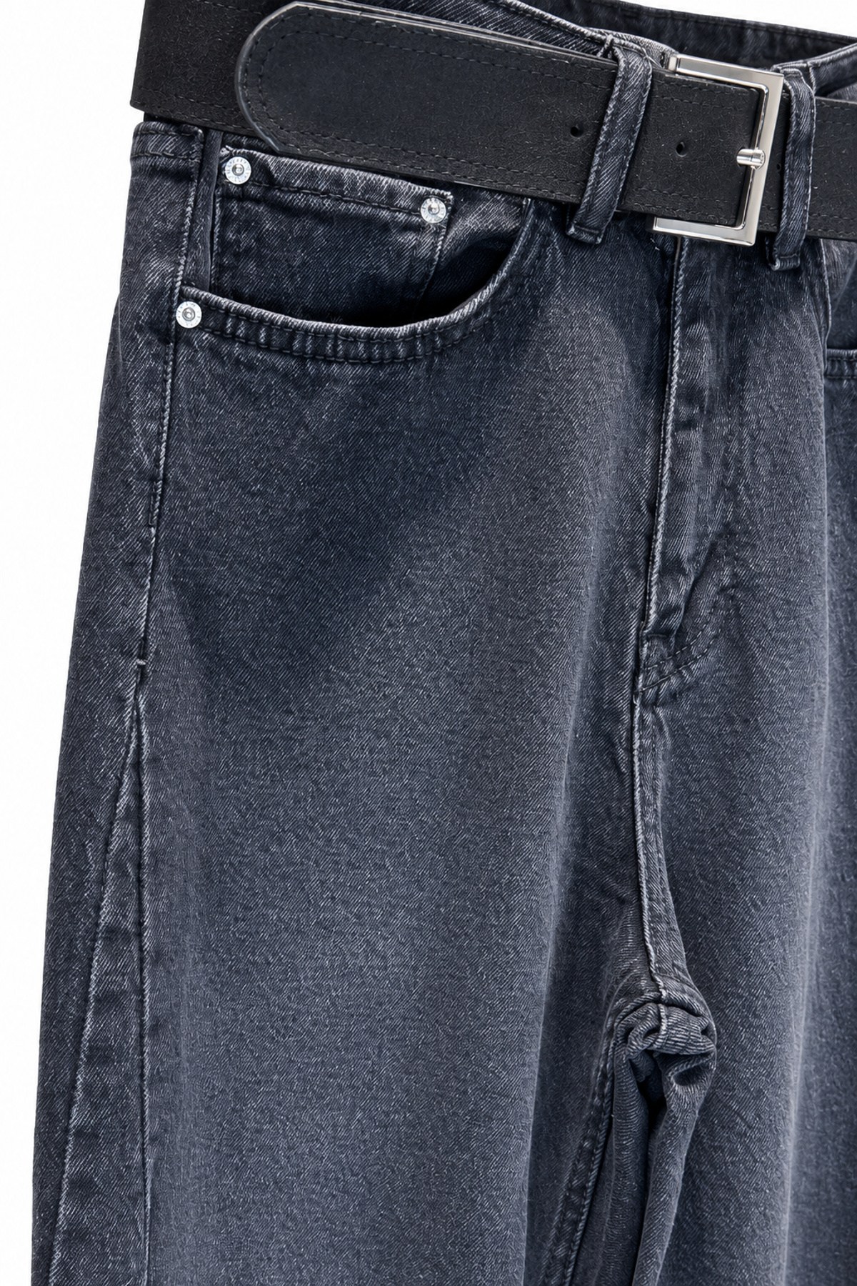 Siyah Kemerli Geniş Paça Yüksekbel Denim