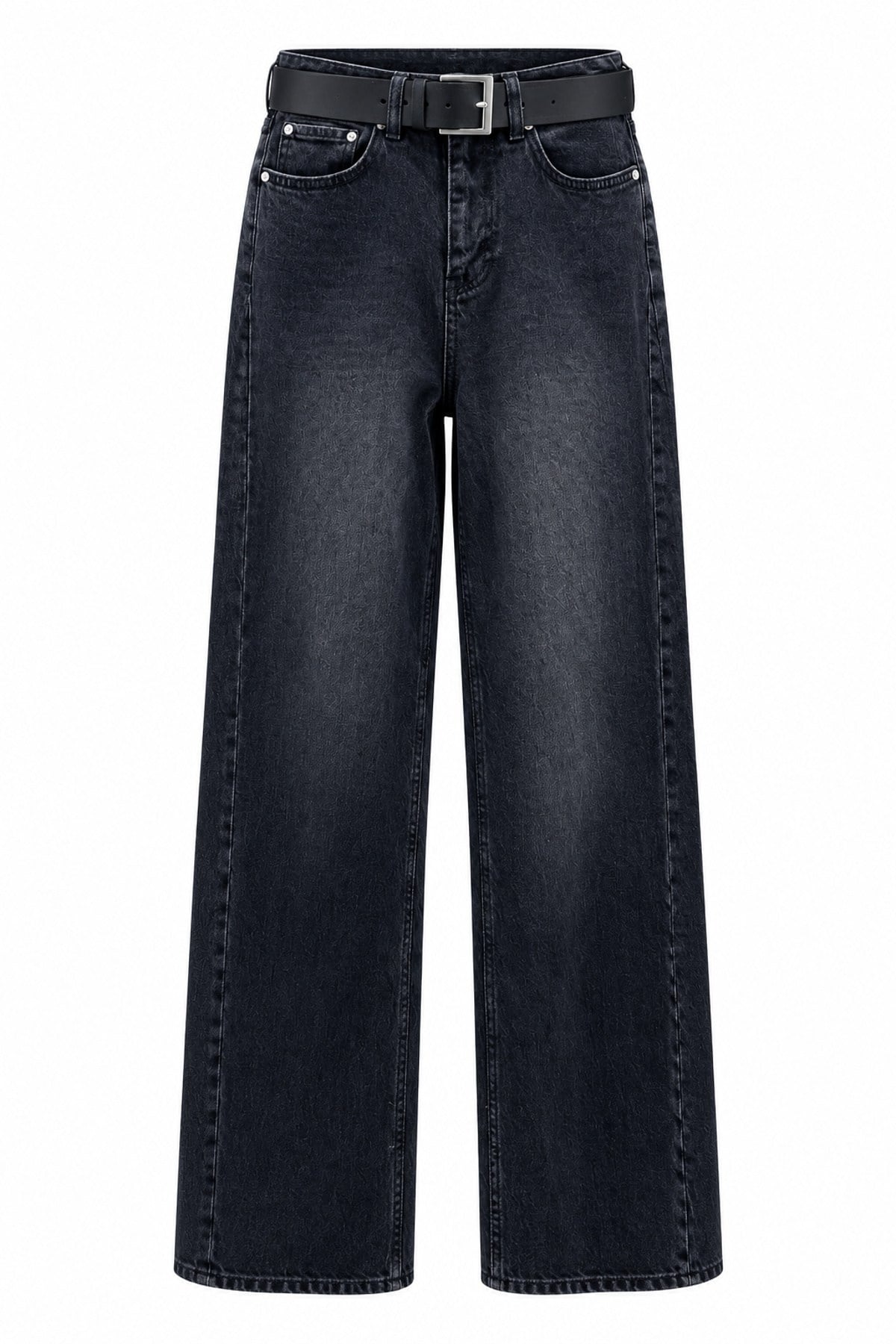 Siyah Kemerli Geniş Paça Yüksekbel Denim
