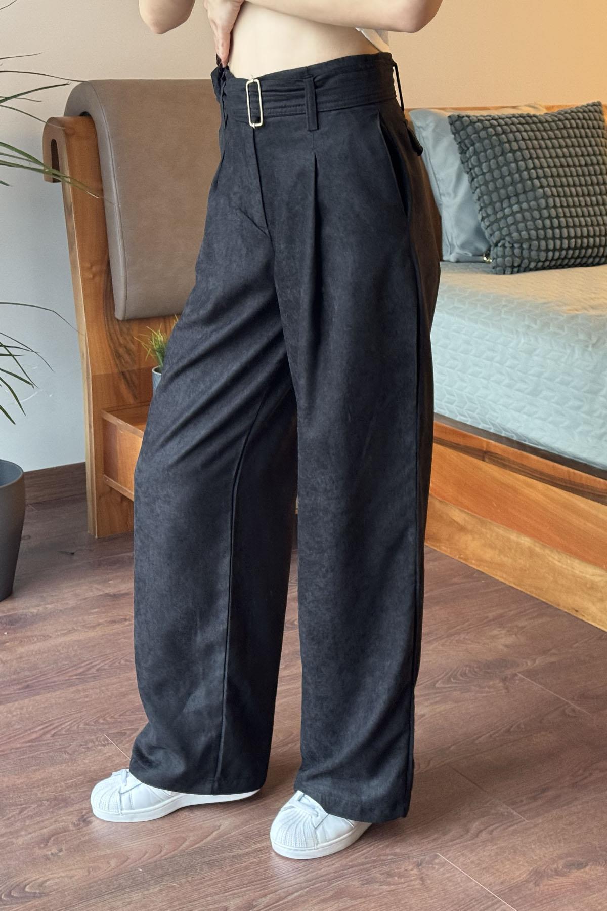 Siyah Kemerli Süet Pantolon