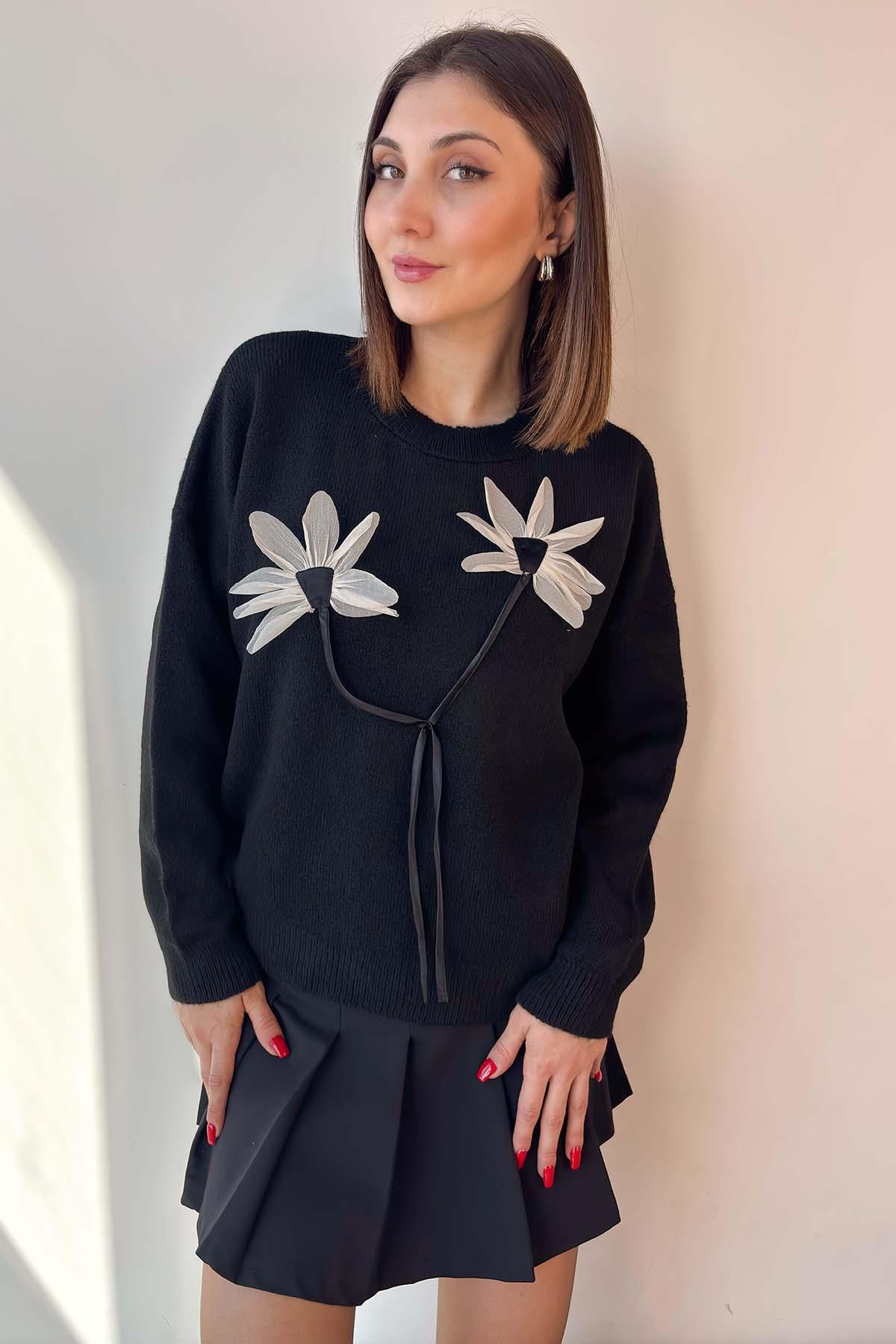 Siyah Keten Çiçekli Oversize Kazak