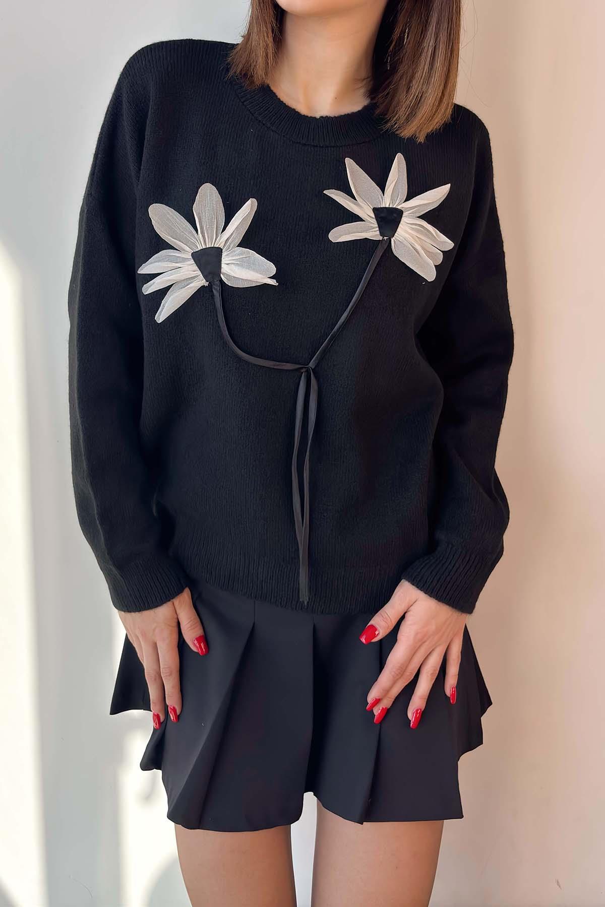 Siyah Keten Çiçekli Oversize Kazak