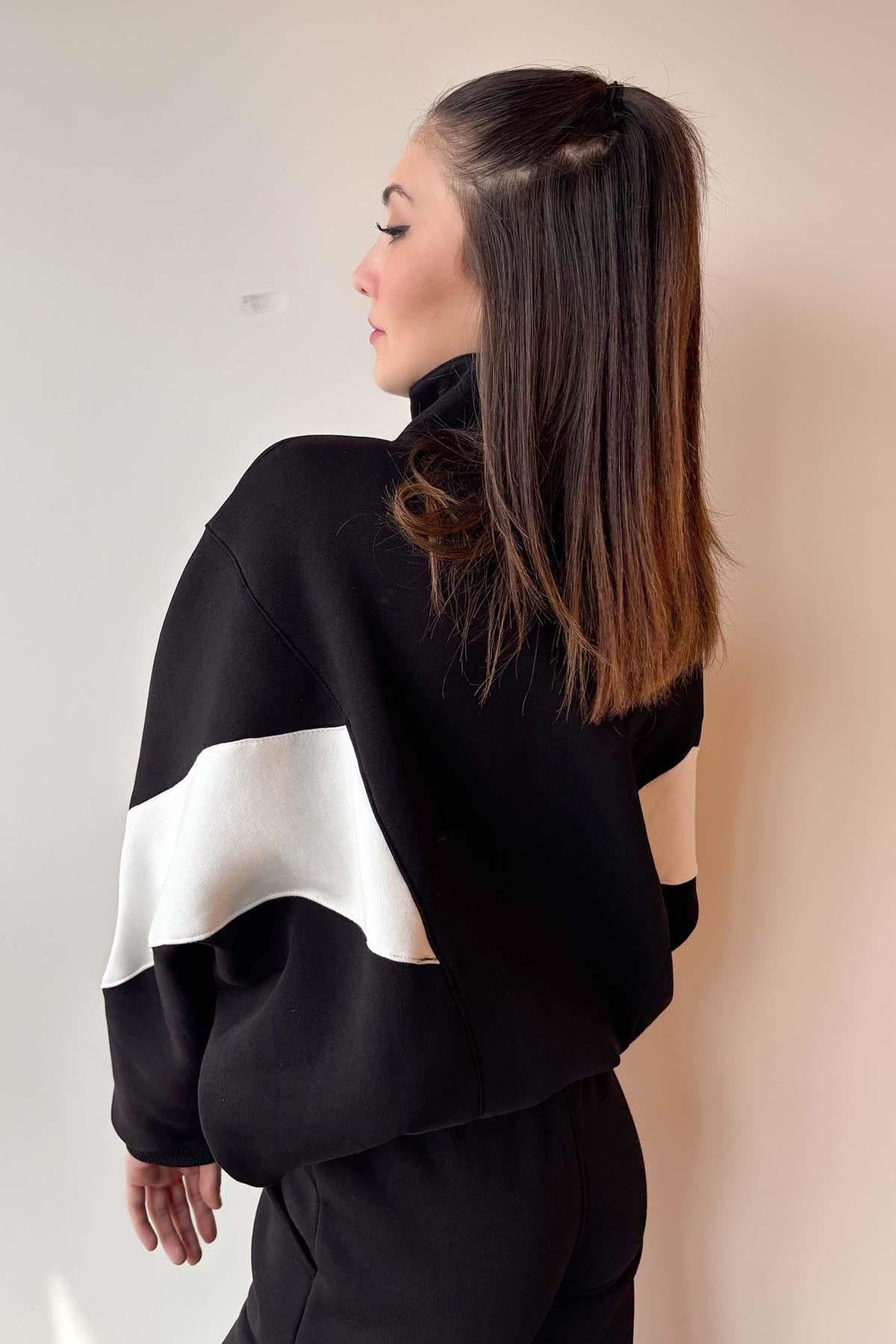 Siyah Kolu Parça Detaylı Üç İplik Şardonlu Fermuarlı Sweatshirt