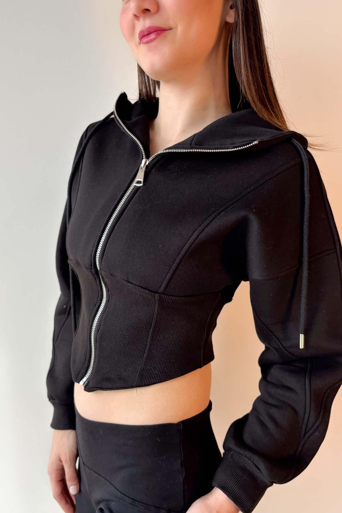 Siyah Korse Görünümlü Fermuarlı Sweatshirt