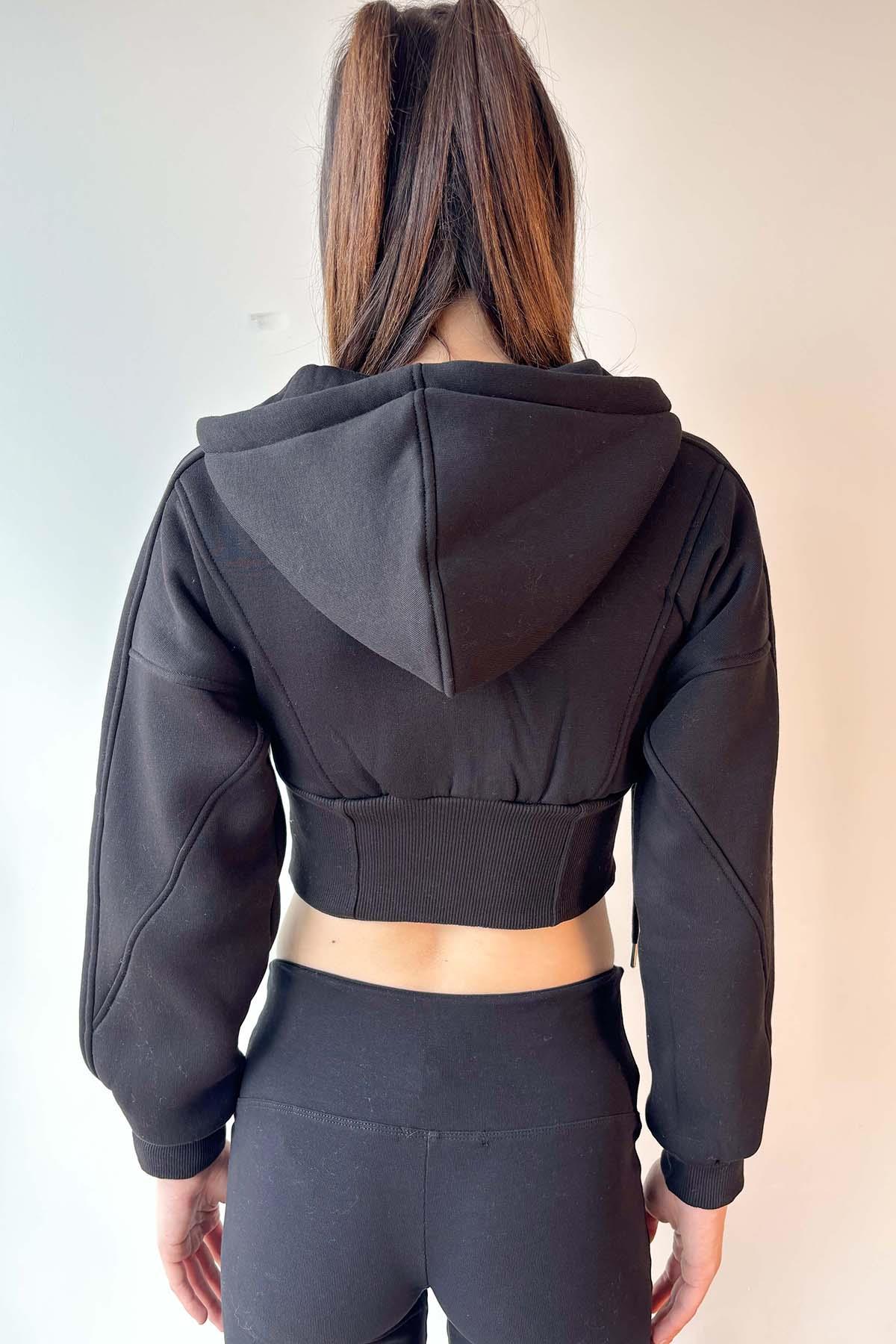 Siyah Korse Görünümlü Fermuarlı Sweatshirt