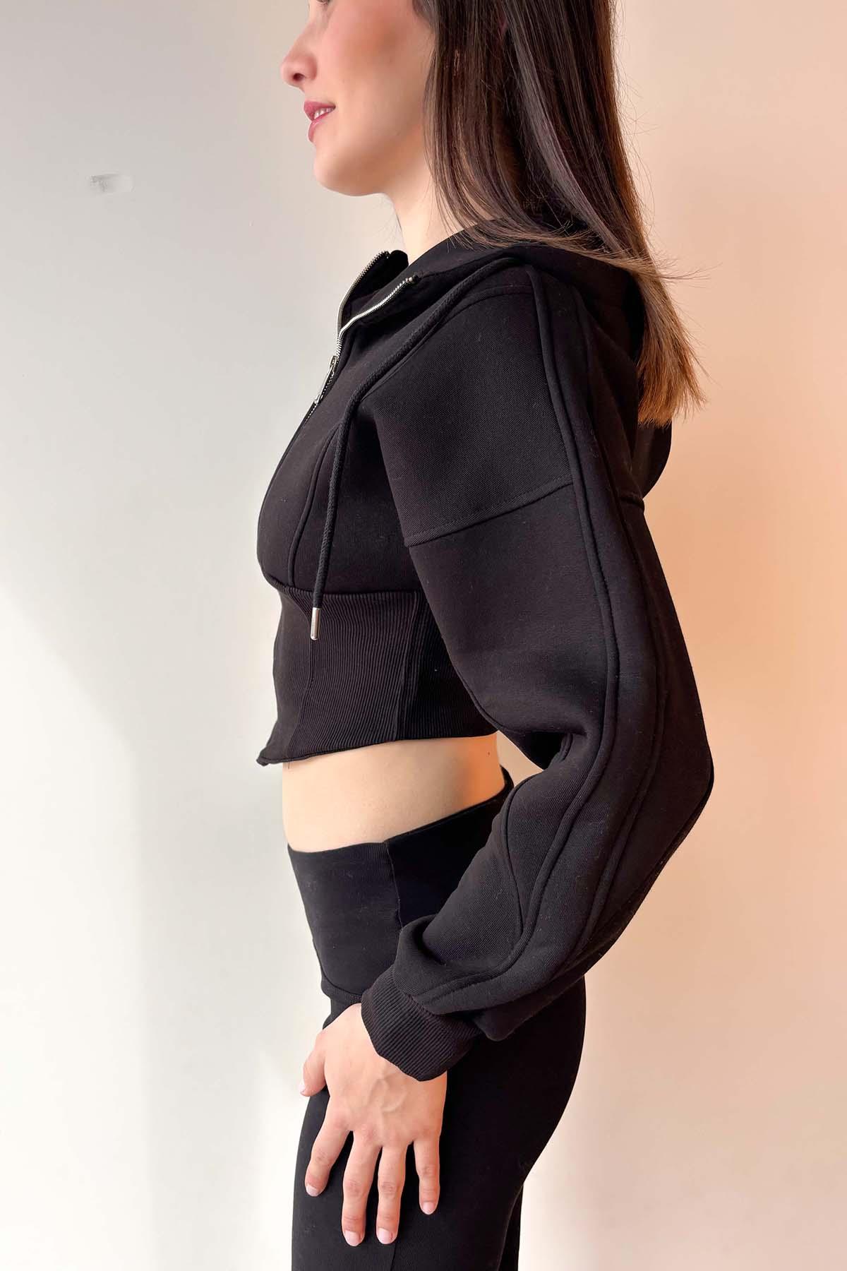 Siyah Korse Görünümlü Fermuarlı Sweatshirt