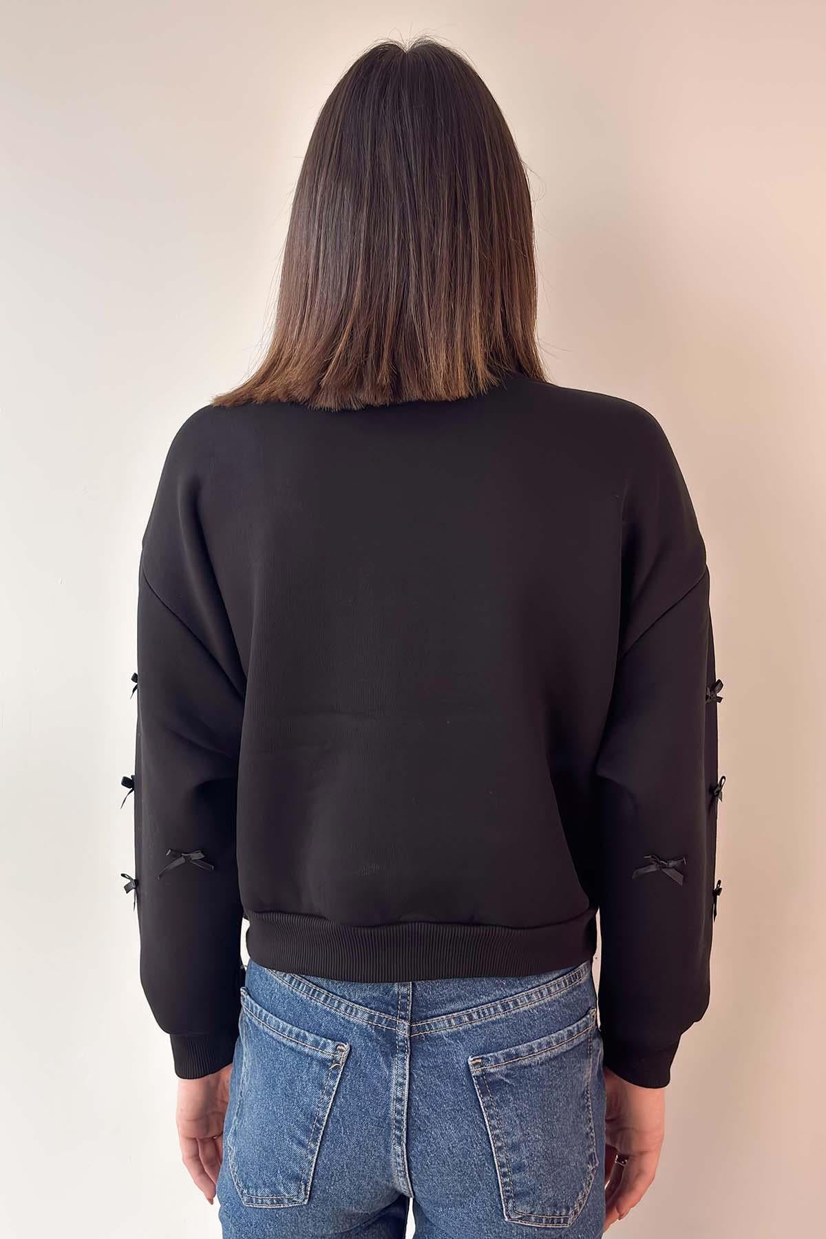 Siyah Kurdele Detaylı Pinterest Crop Sweatshirt