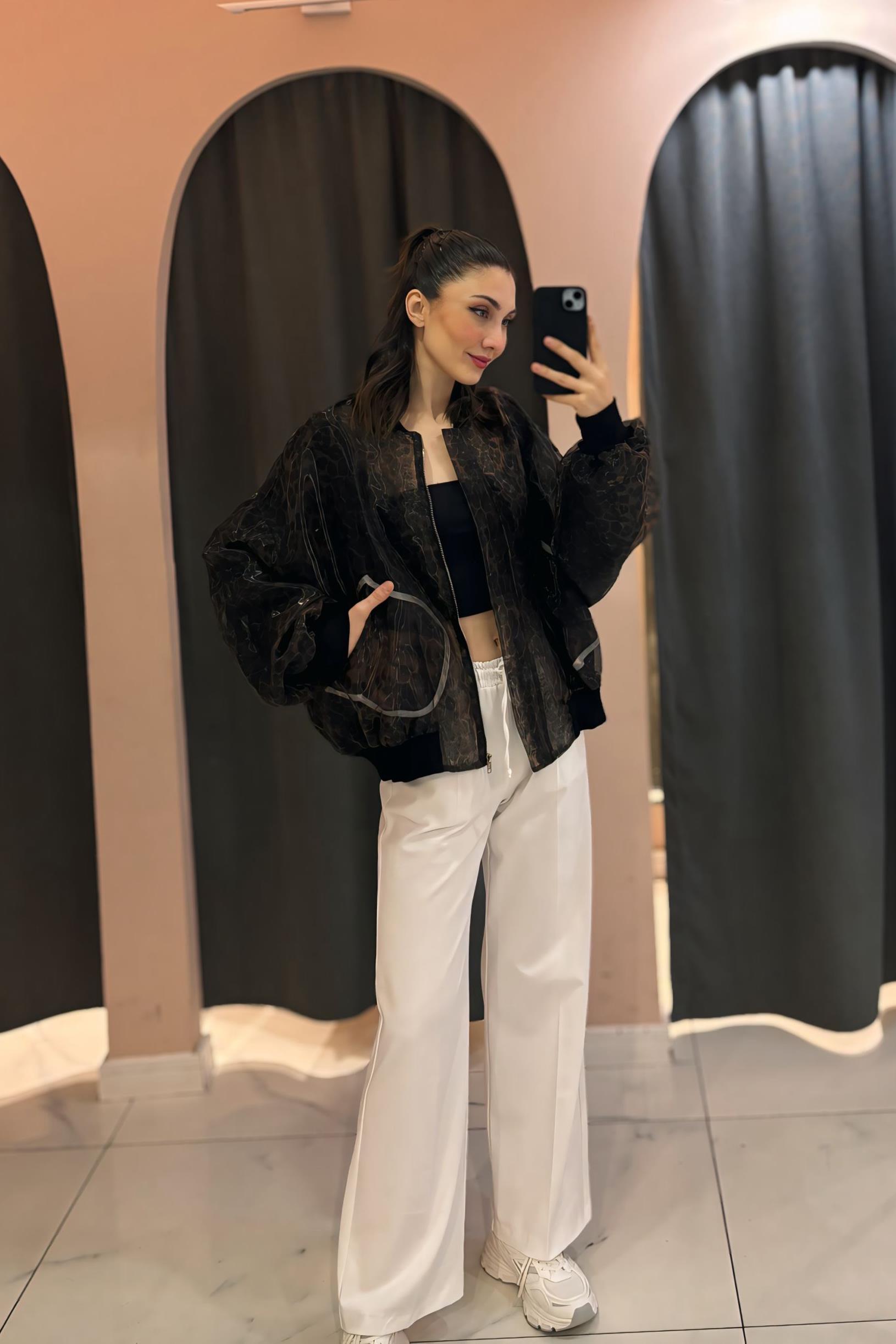 Siyah Leopar Astarlı Tül Ceket