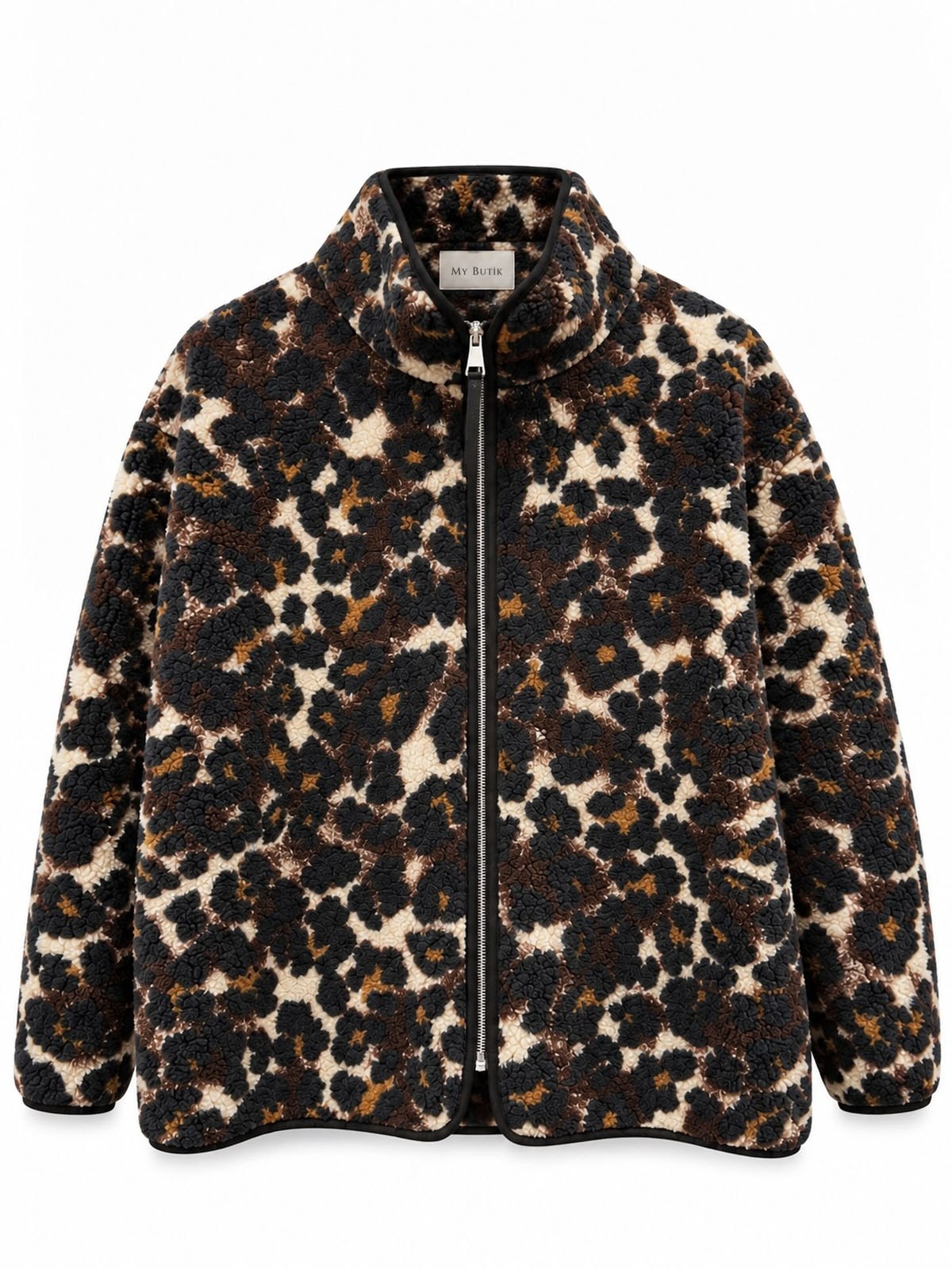 Siyah Leopar Desenli Fermuarlı Polar Sweatshirt