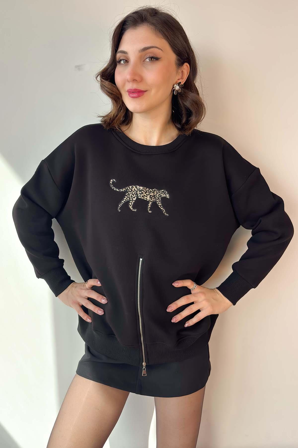 Siyah Leopar Nakışlı Fermuarlı Sweatshirt