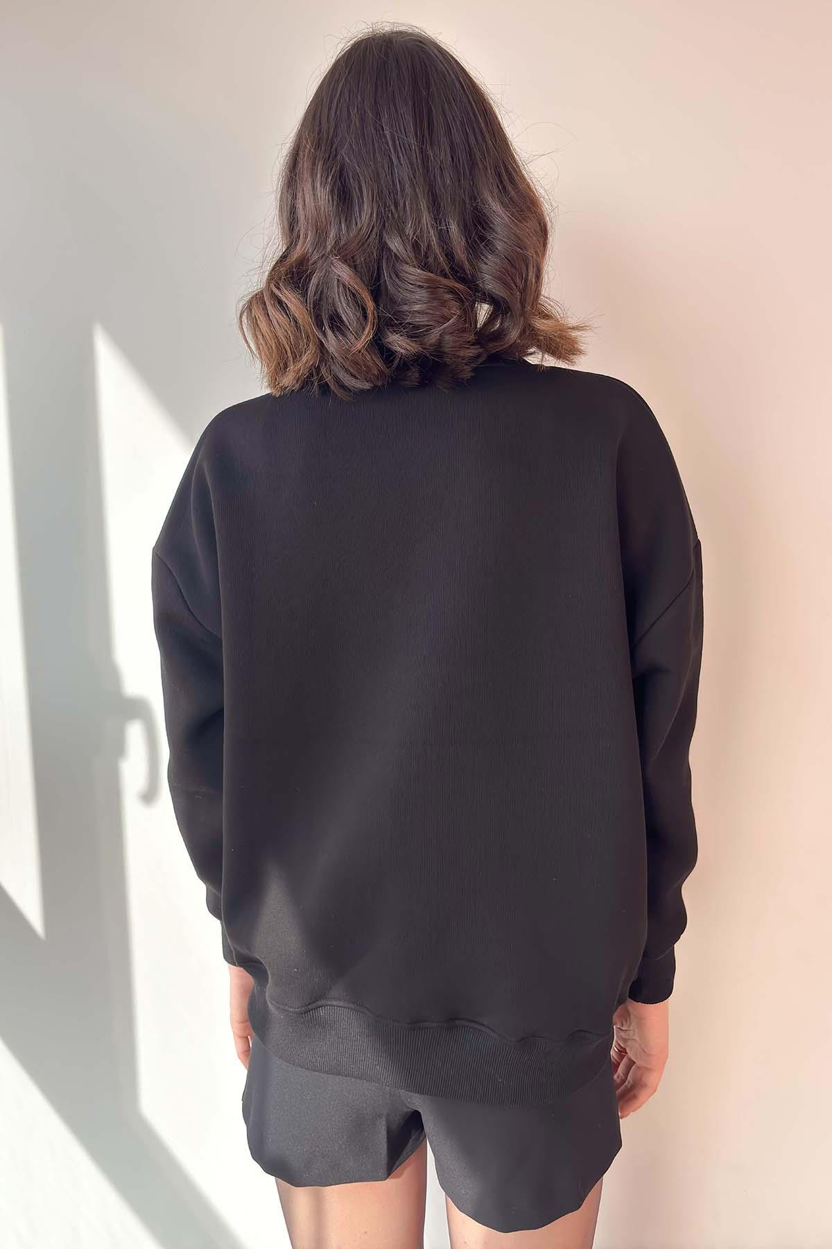 Siyah Leopar Nakışlı Fermuarlı Sweatshirt