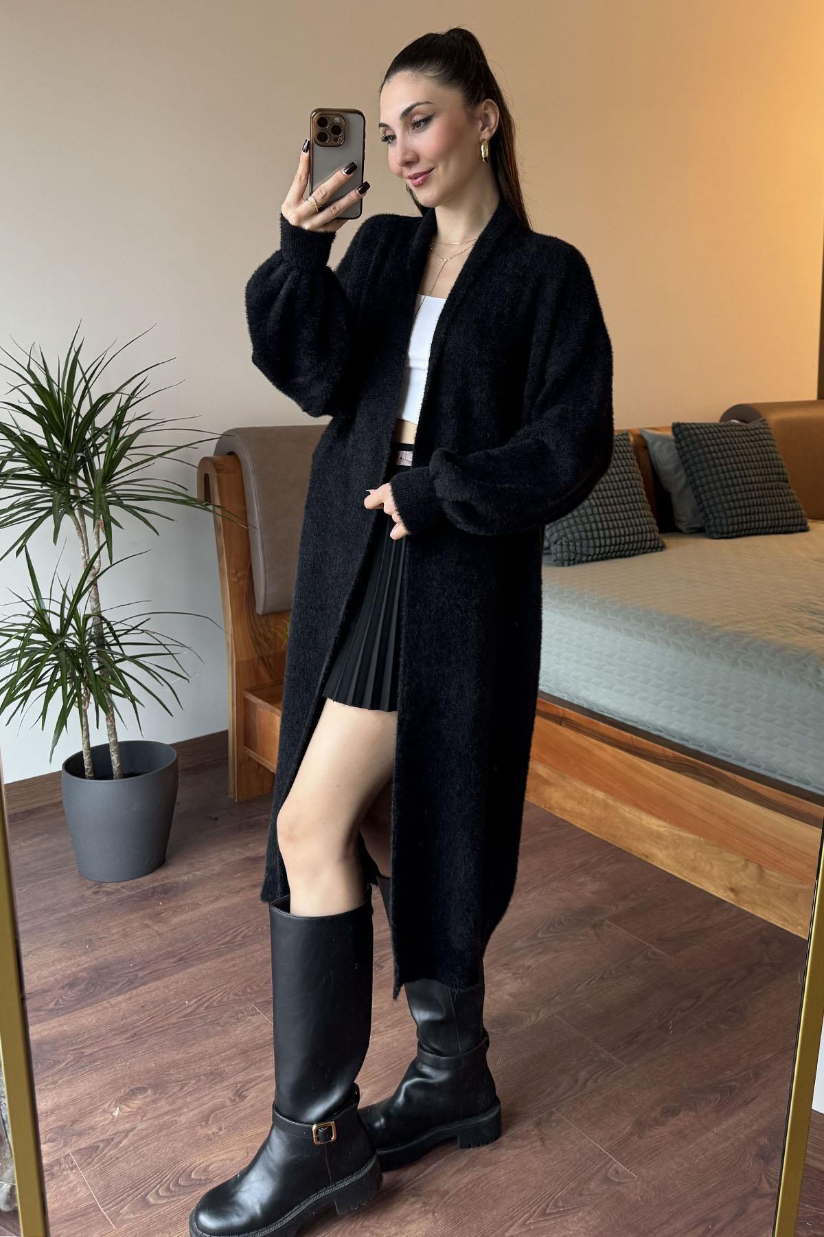 Siyah Maxi Boy Triko Hırka