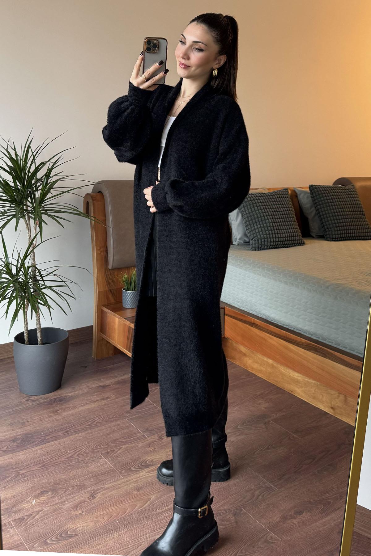 Siyah Maxi Boy Triko Hırka