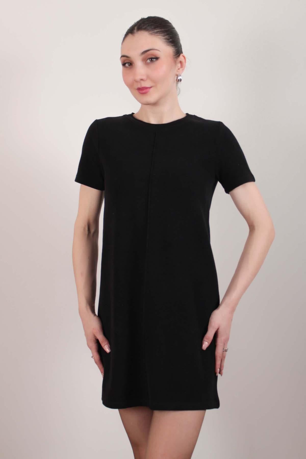 Siyah Önü Dikişli Triko Elbise