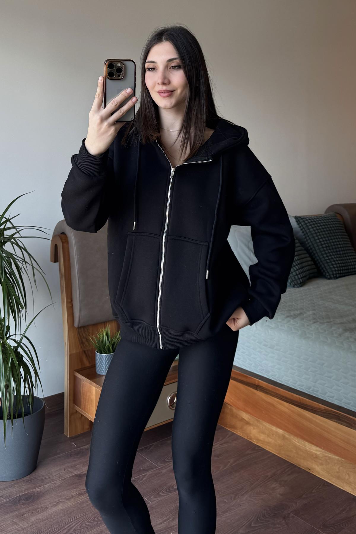 Siyah Oversize Kapüşonlu Fermuarlı Hoodie