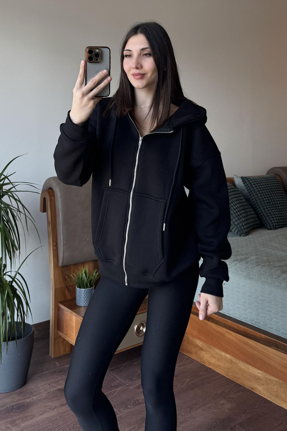 Siyah Oversize Kapüşonlu Fermuarlı Hoodie