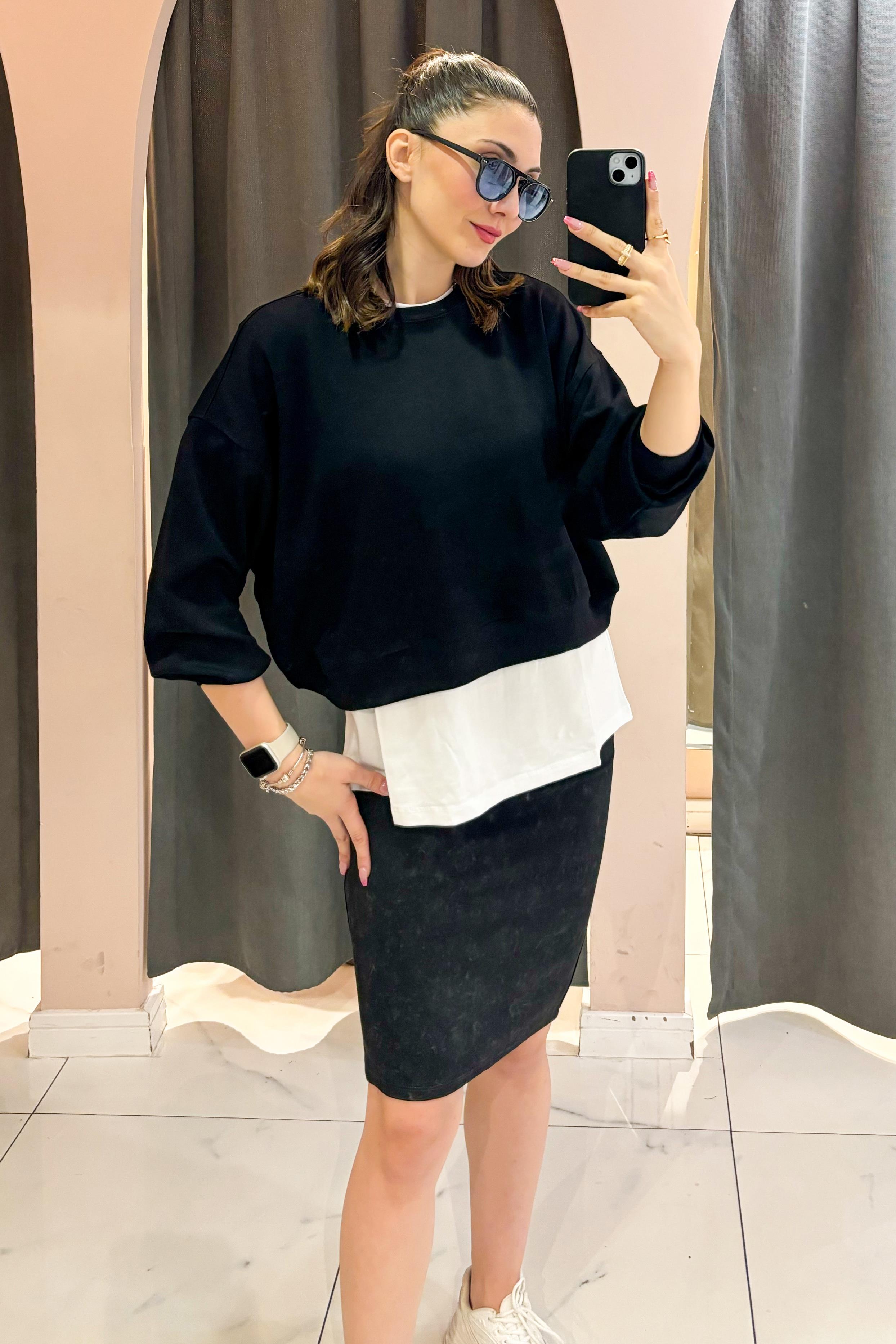Siyah OYS Bisiklet Yaka Crop Sweatshirt