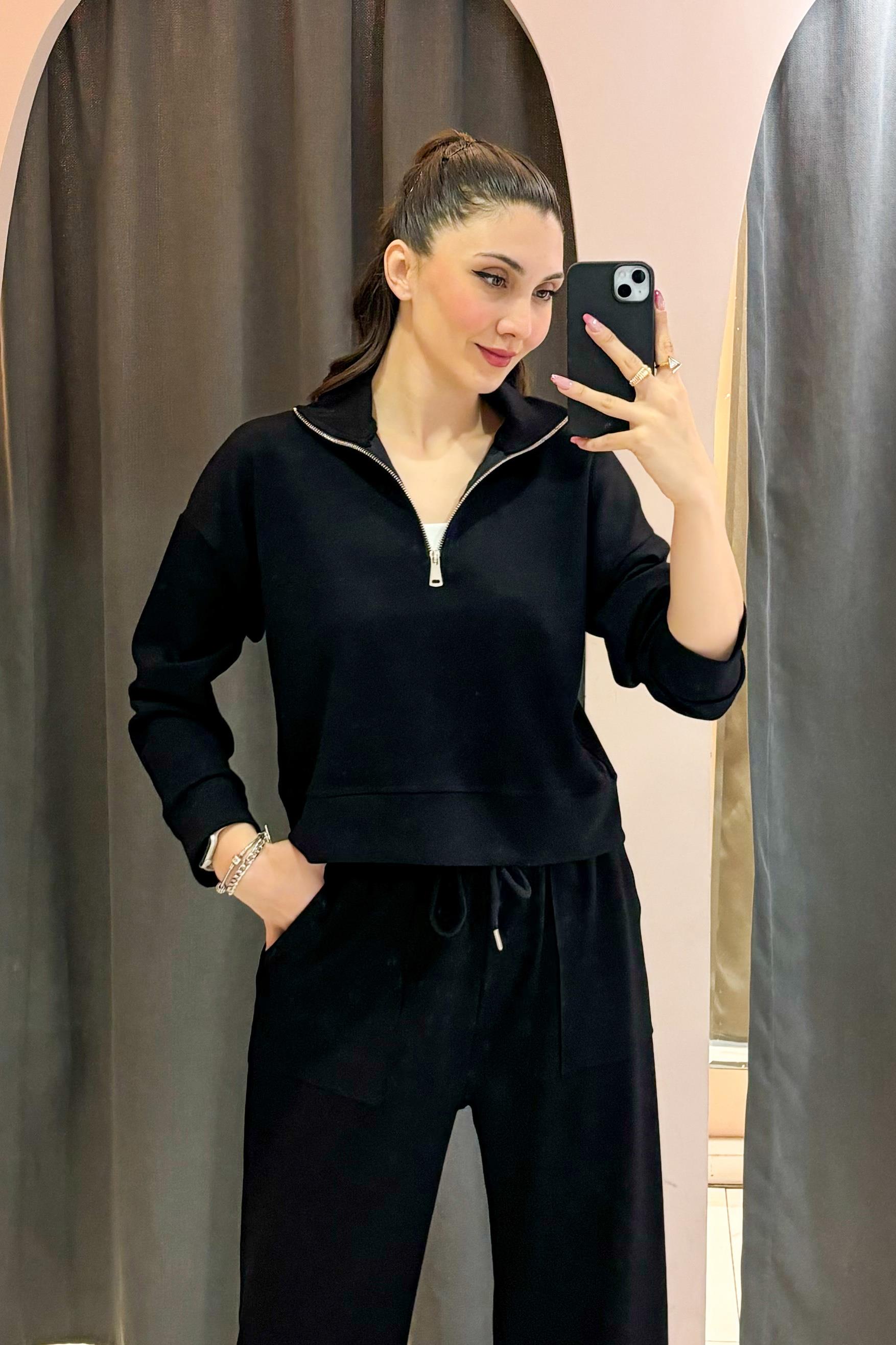 Siyah OYS Dik Yaka Fermuarlı Modal Sweatshirt