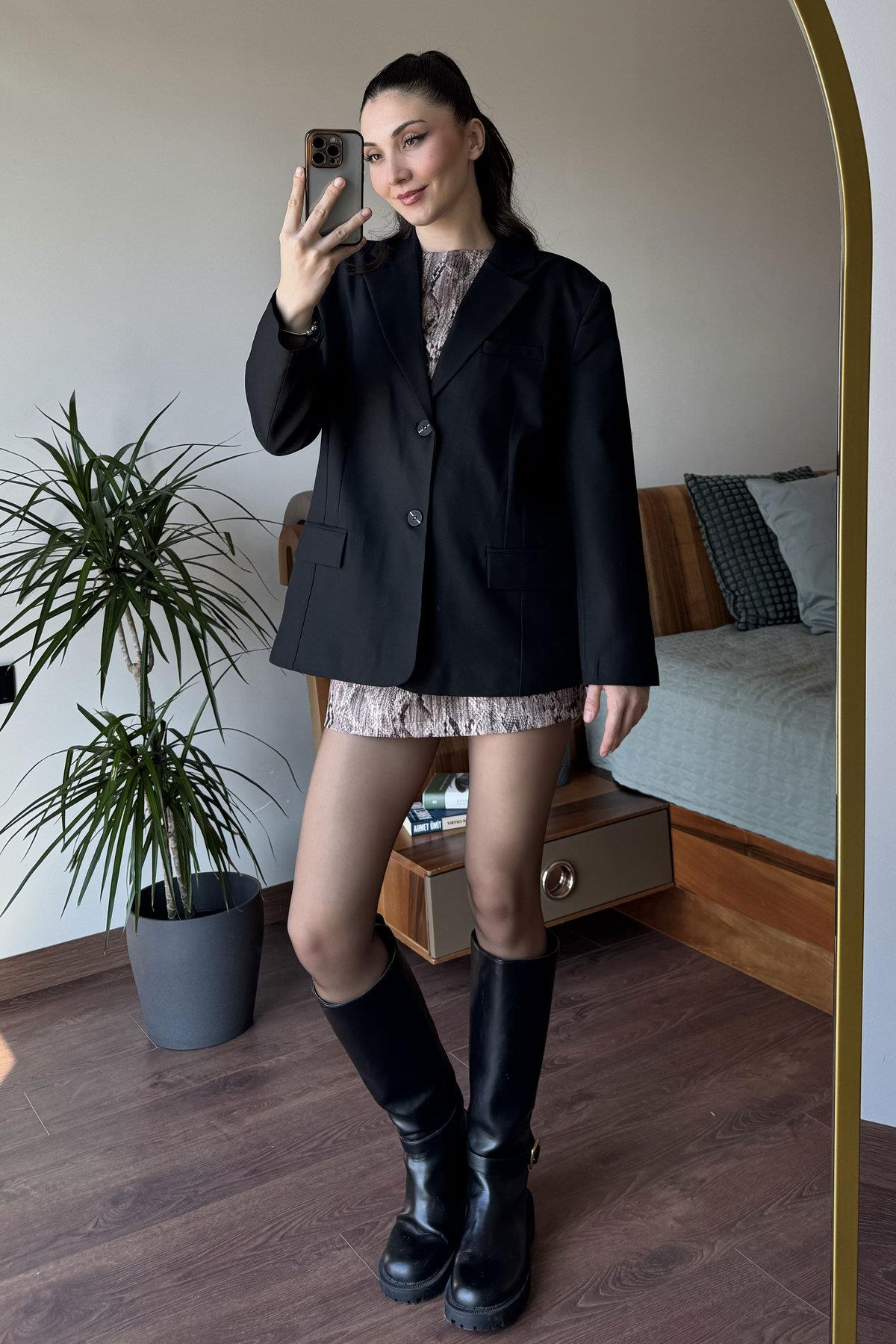 Siyah Polivisokn Oversize Ceket
