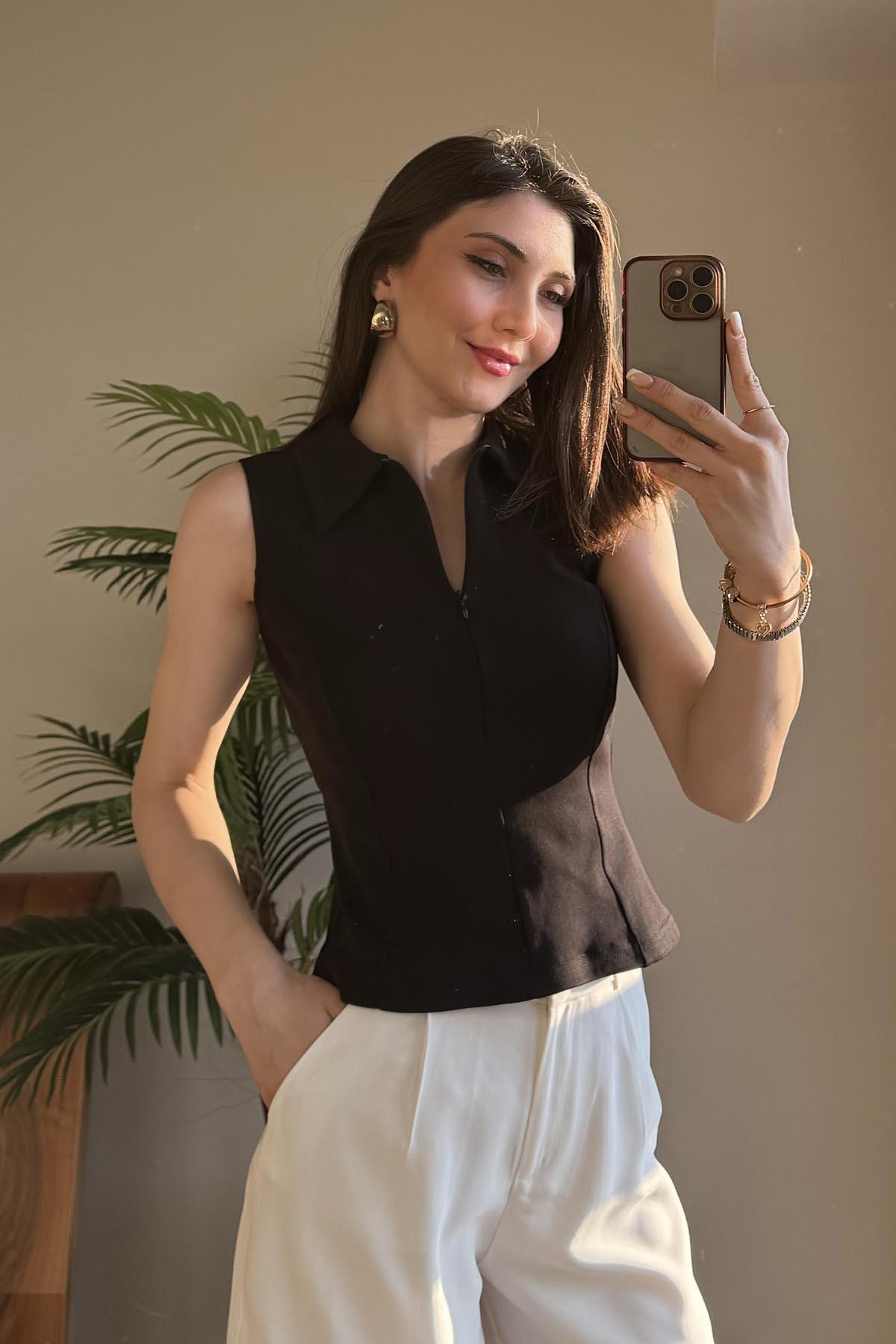 Siyah Polo Yaka Fermuarlı T Shirt