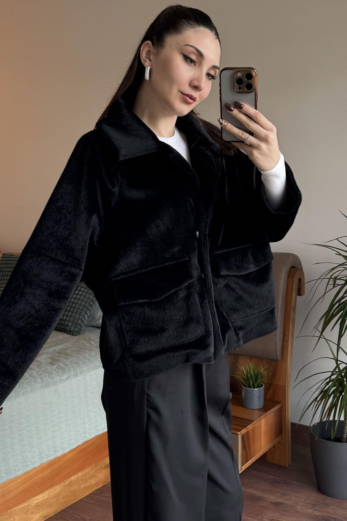 Siyah Reglan Tay Flock Mont