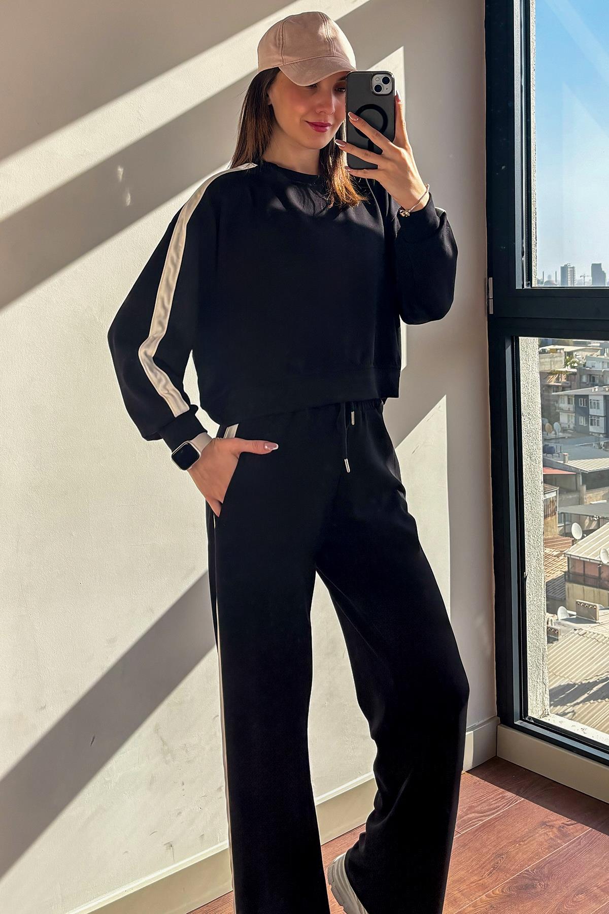 Siyah Şeritli Pantolon Sweatshirt Takım