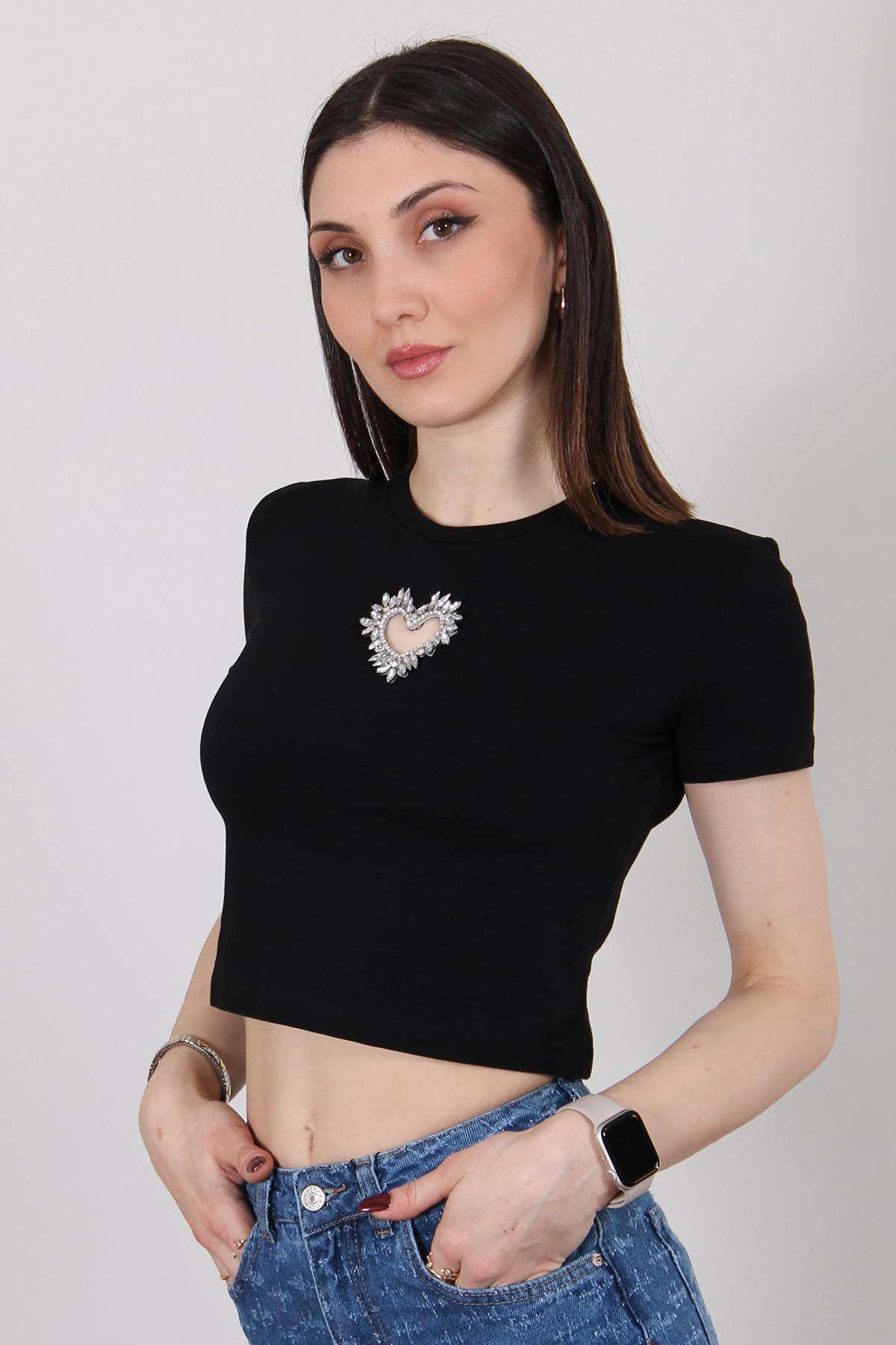 Siyah Taş Kalp İşlemeli Crop T Shirt