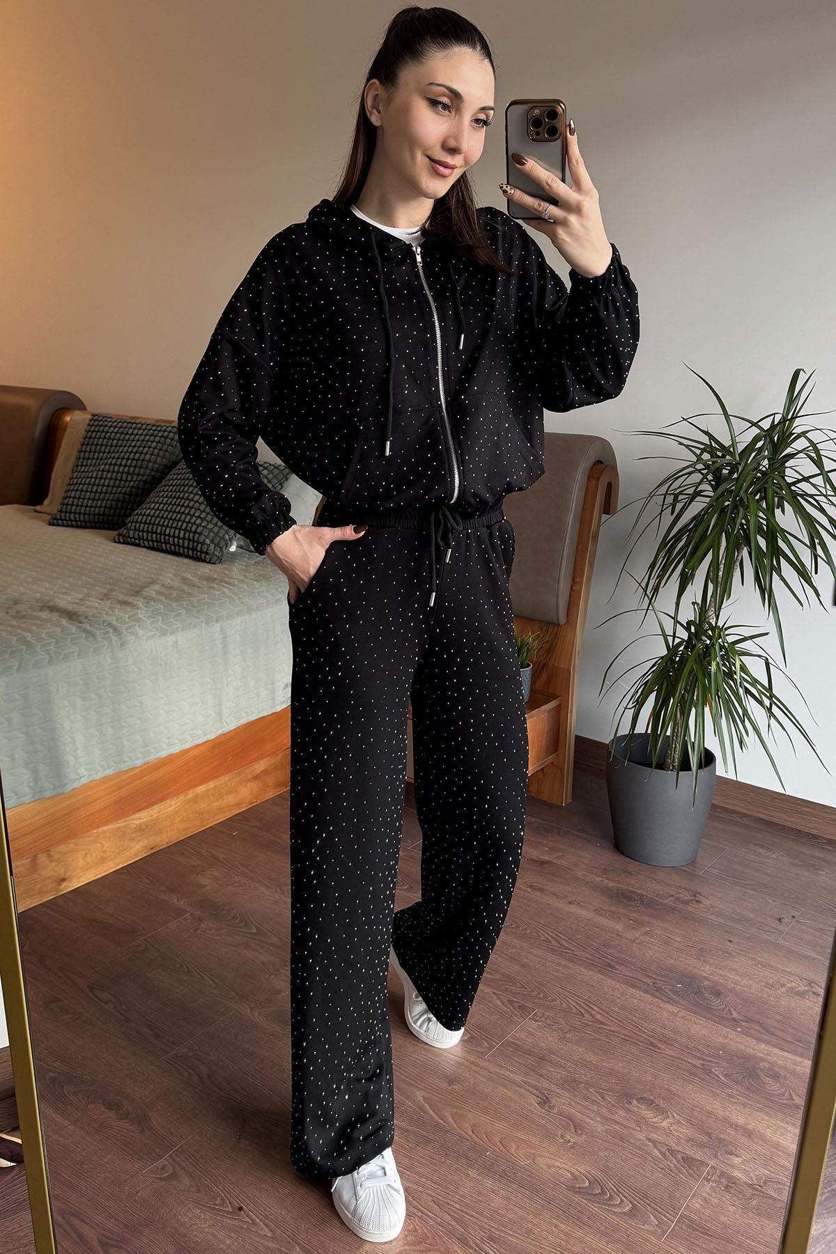 Siyah Taşlı Fermuarlı Sweatshirt