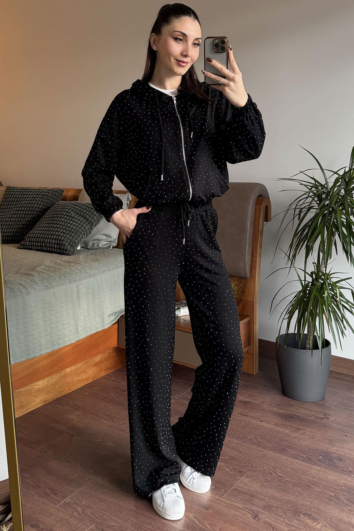 Siyah Taşlı Fermuarlı Sweatshirt