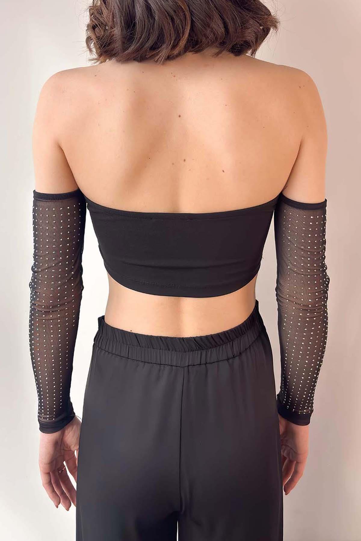 Siyah Taşlı Straplez Crop Bluz