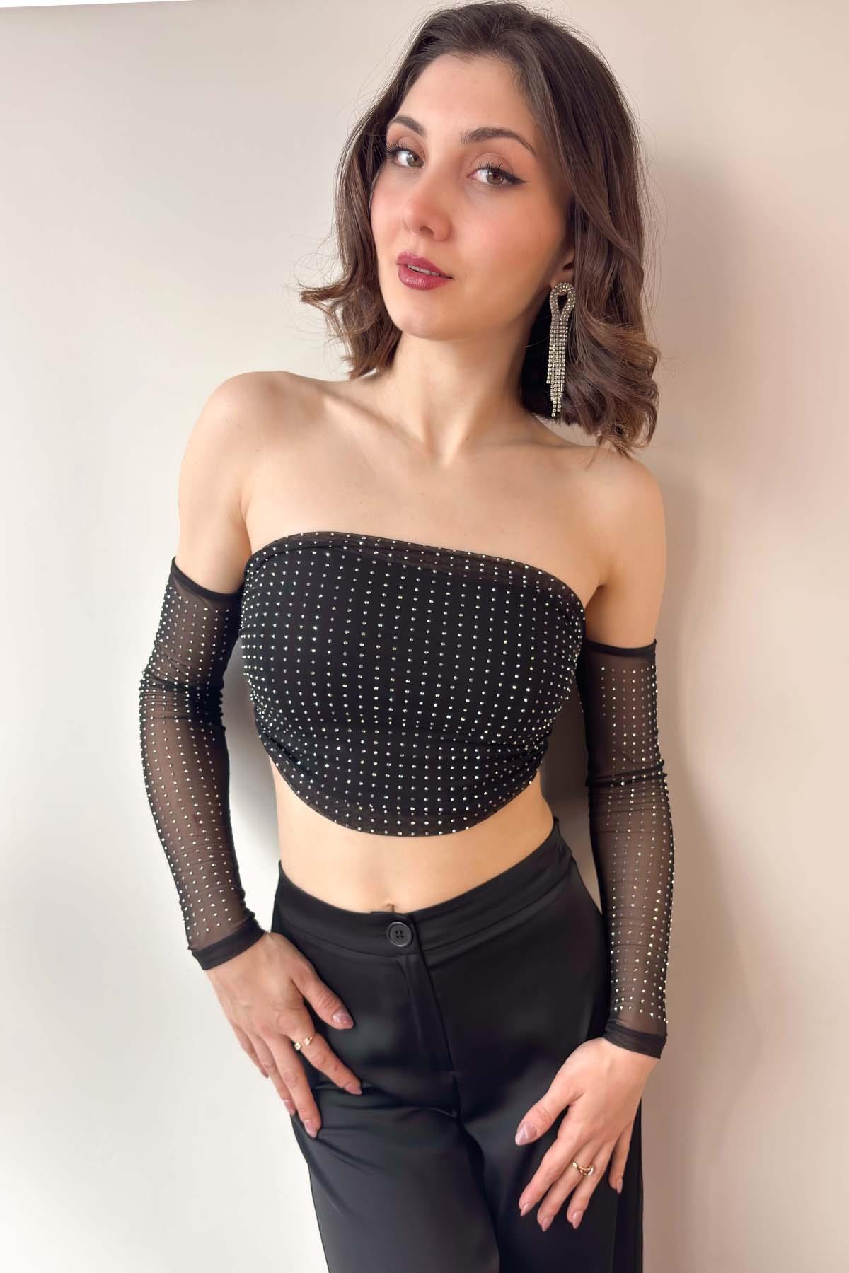 Siyah Taşlı Straplez Crop Bluz