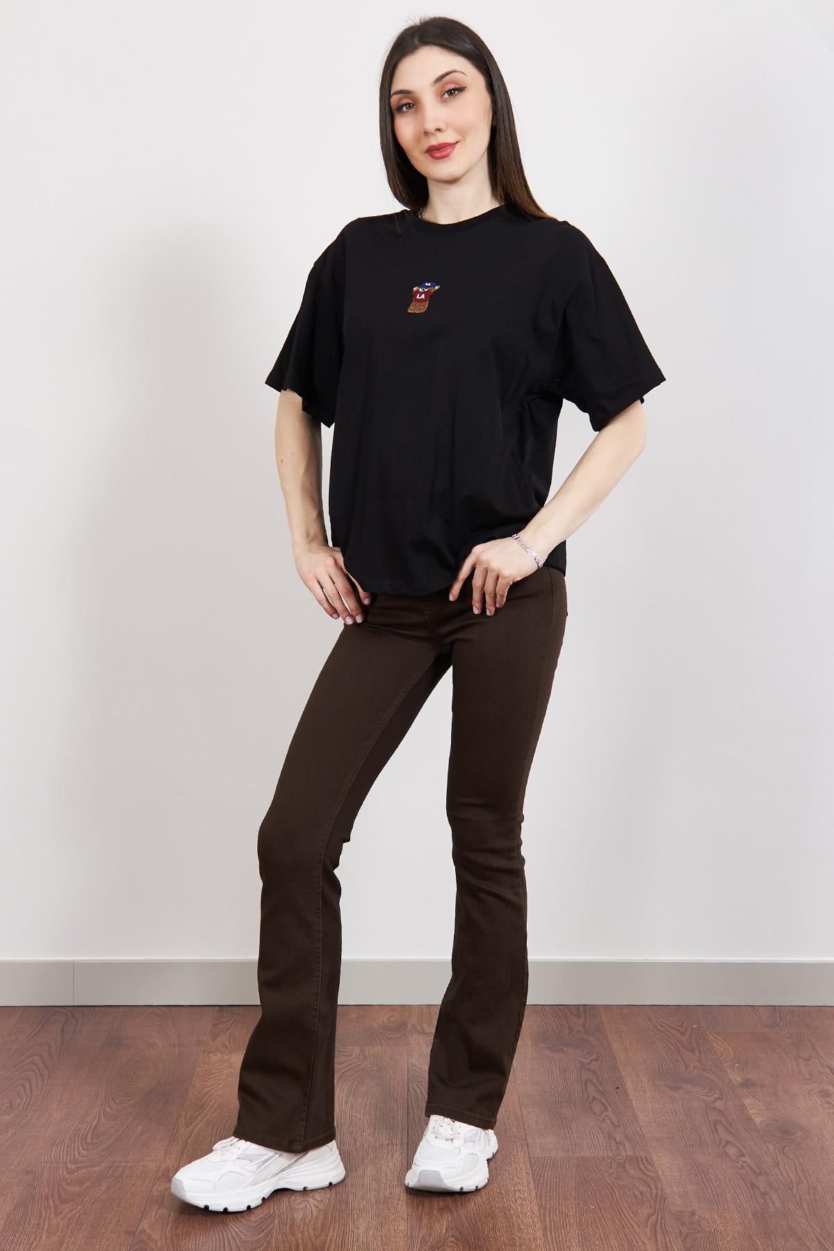 Siyah Teddy Bear Nakışlı Oversize T Shirt