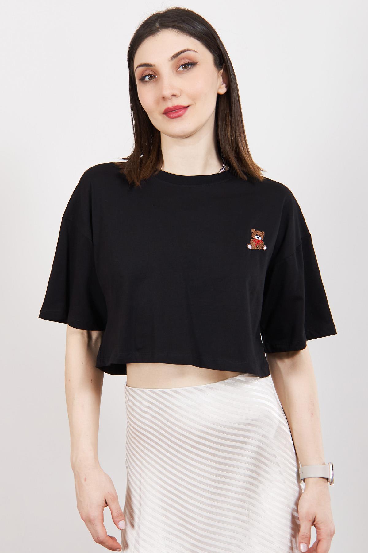 Siyah Teddy Nakışlı Crop T Shirt