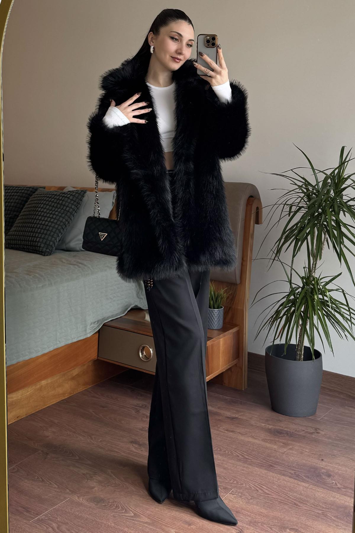 Siyah Uzun Lolita Kürk Mont