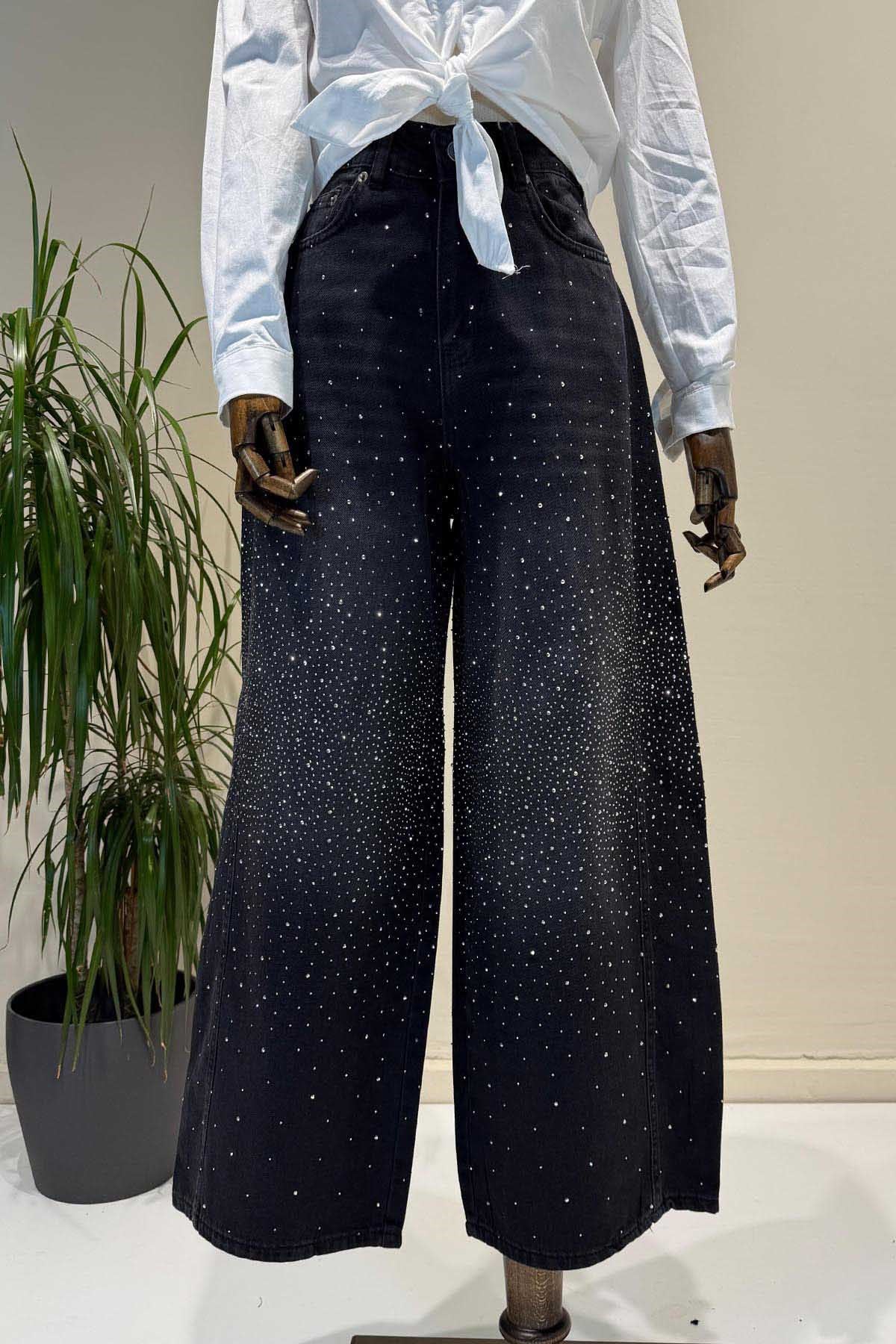 Siyah Vintage Taşlı Pantolon