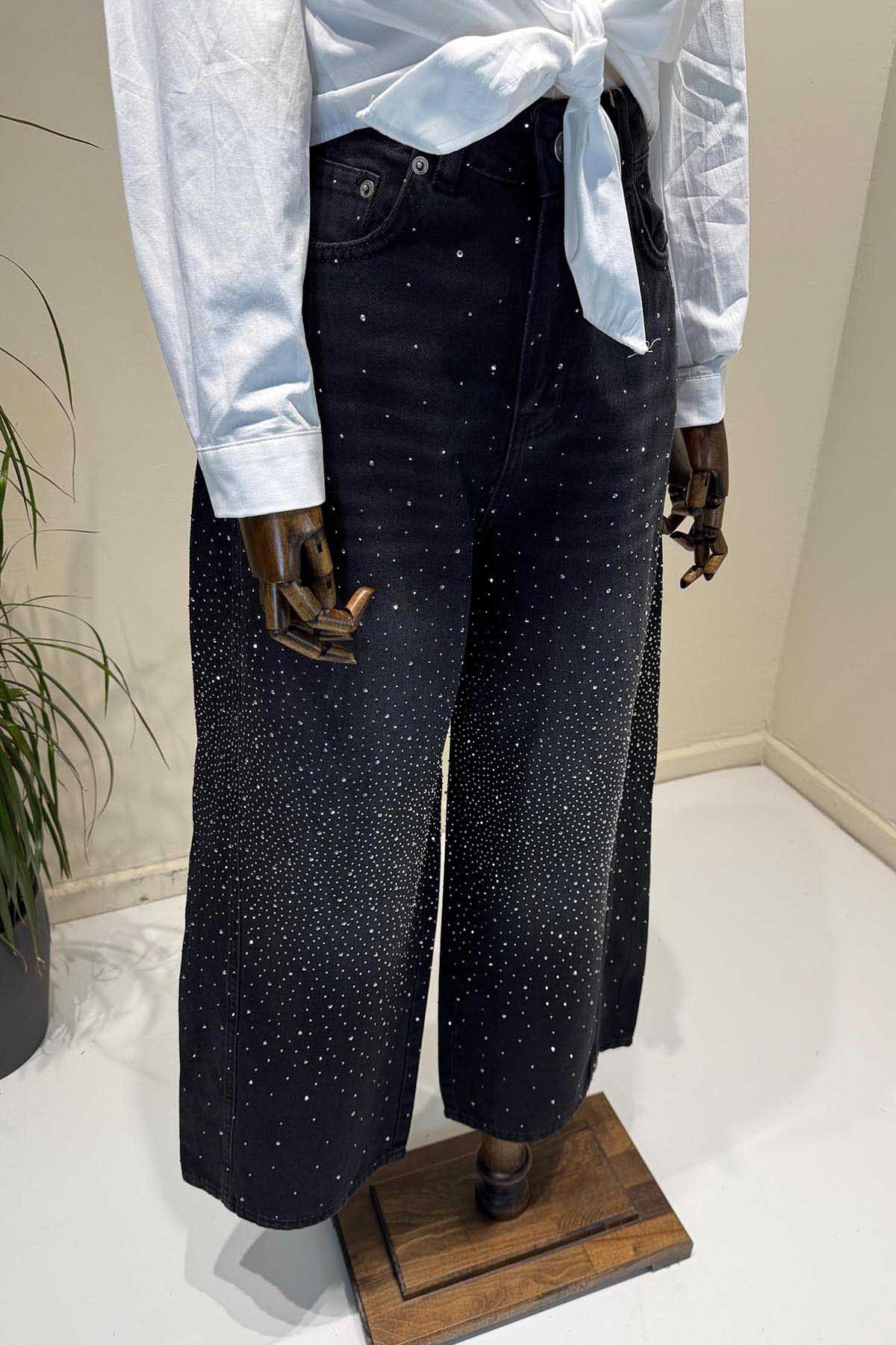 Siyah Vintage Taşlı Pantolon