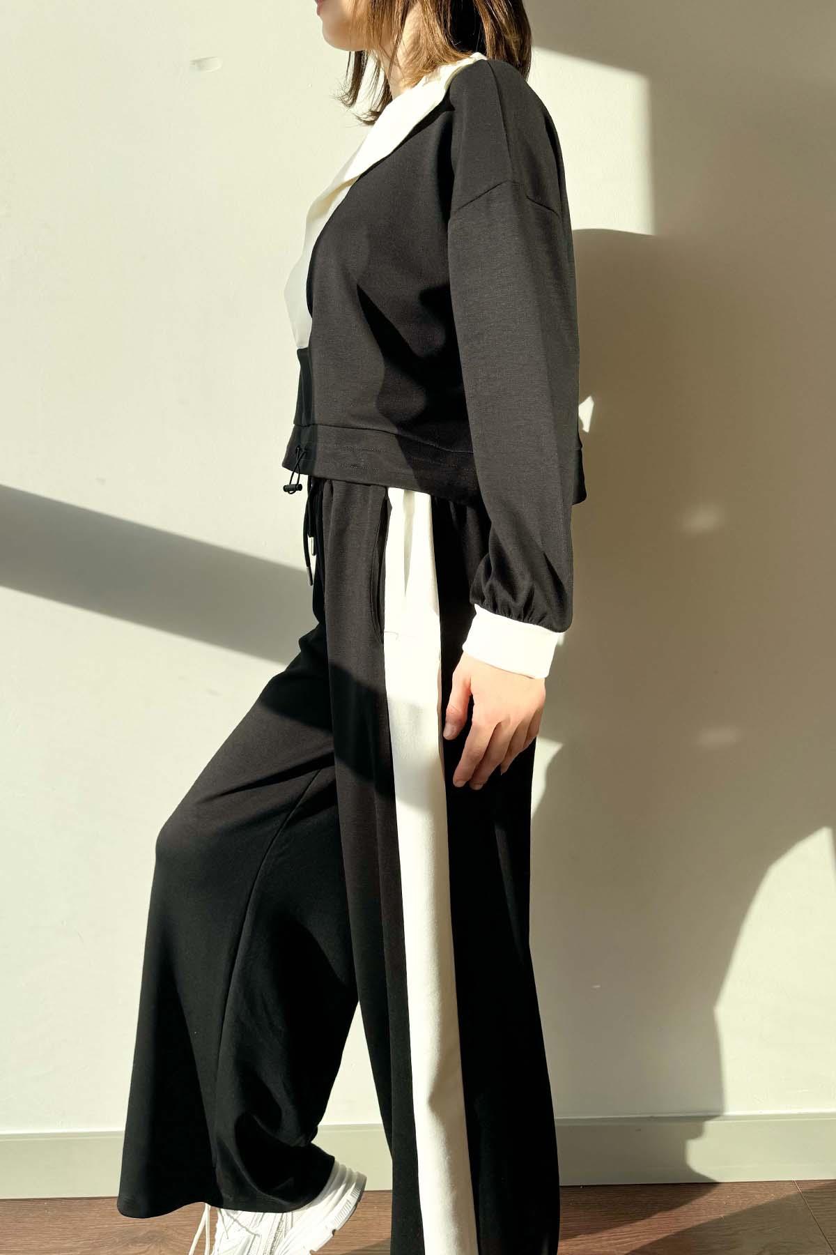 Siyah Yaka Detaylı Sweatshirt ve Pantolon Modal Takım